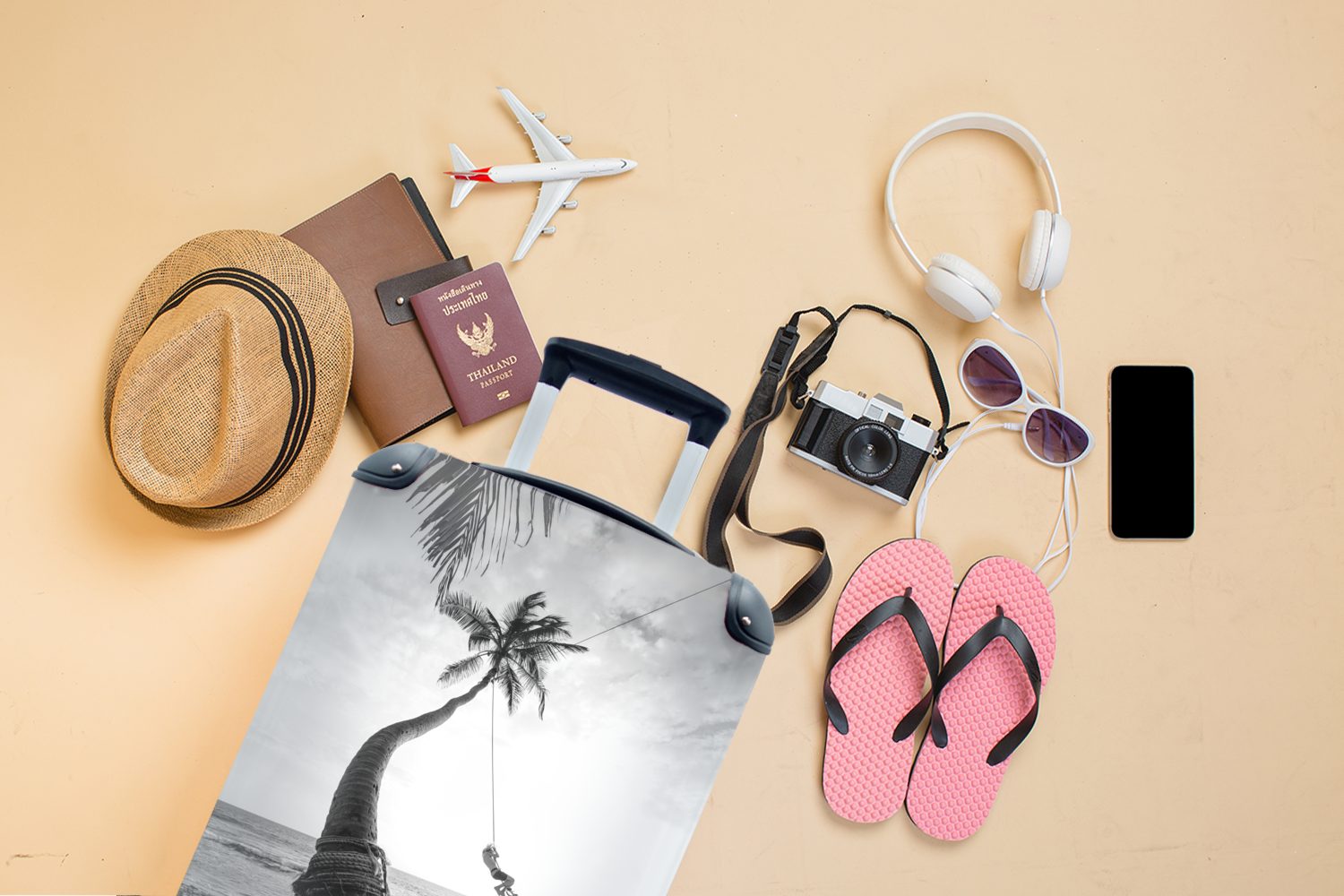 MuchoWow Handgepäckkoffer mit und schwarz 4 Schaukel weiß, - Lanka Ferien, in auf Palme einer Reisetasche für Rollen, Sri rollen, Handgepäck Trolley, Reisekoffer