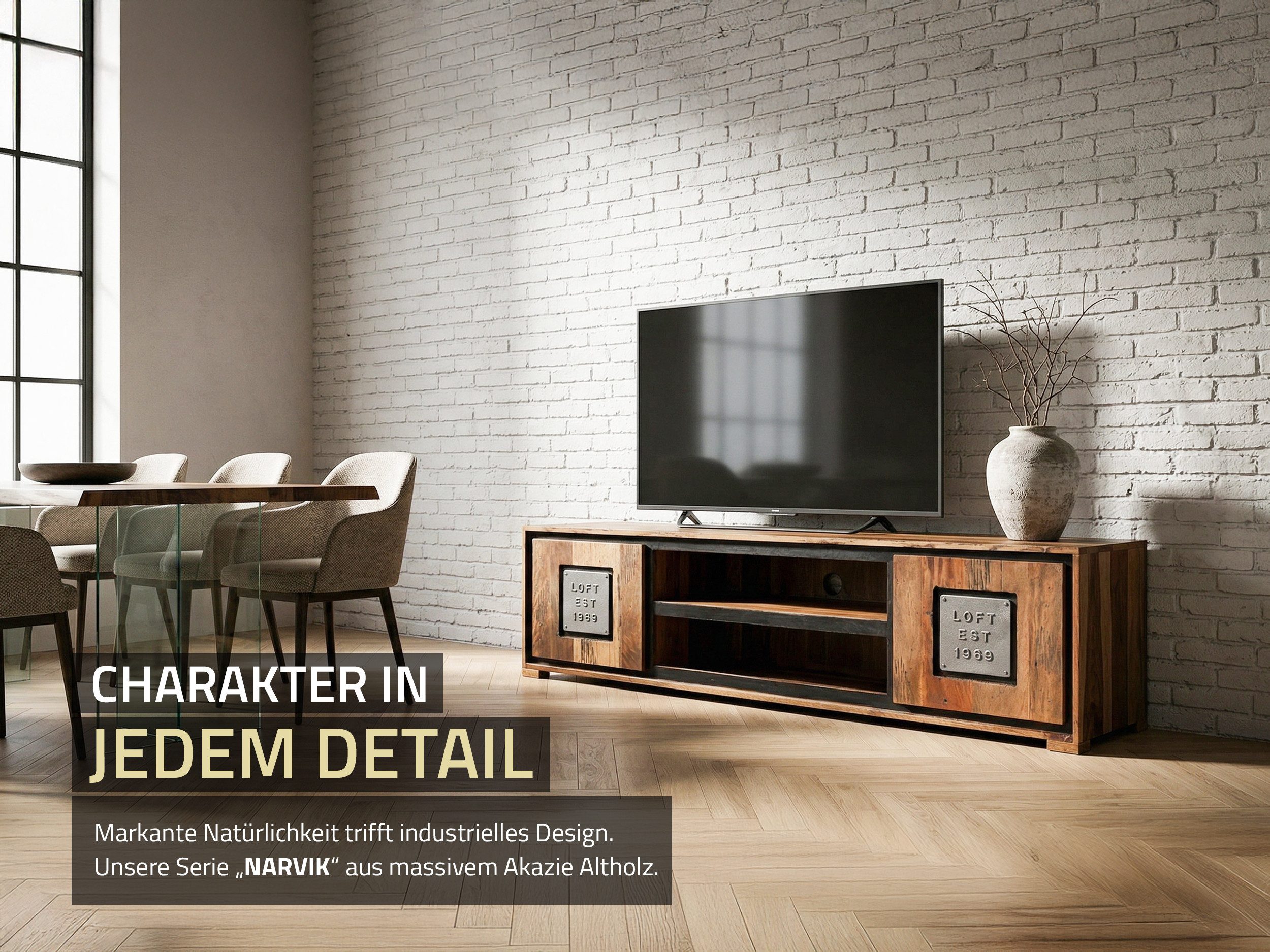 Massivart® Lowboard 180 cm Breite TV-Board Akazie Altholz massiv »NARVIK«, Massivholz · montiert · 2 Drehtüren · 2 Gerätefächer