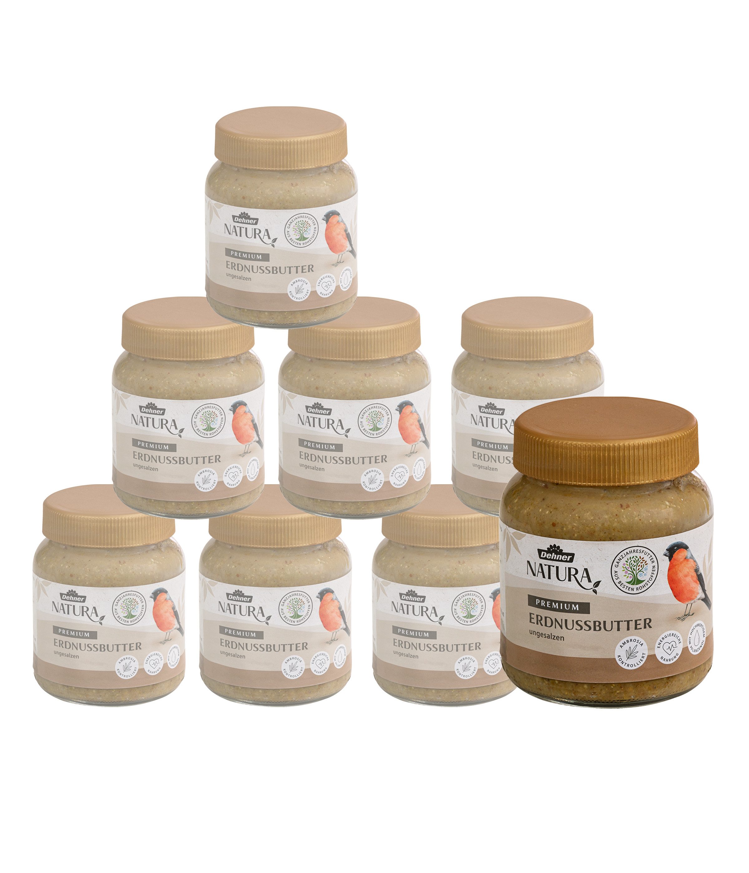 Dehner Natura Premium Erdnussbutter im Glas, 8 x 340 g Erdnuss, Hauptfutter für: Wildvogel, Gartenvögel, energiereiches Wildvogelfutter, ungesalzen