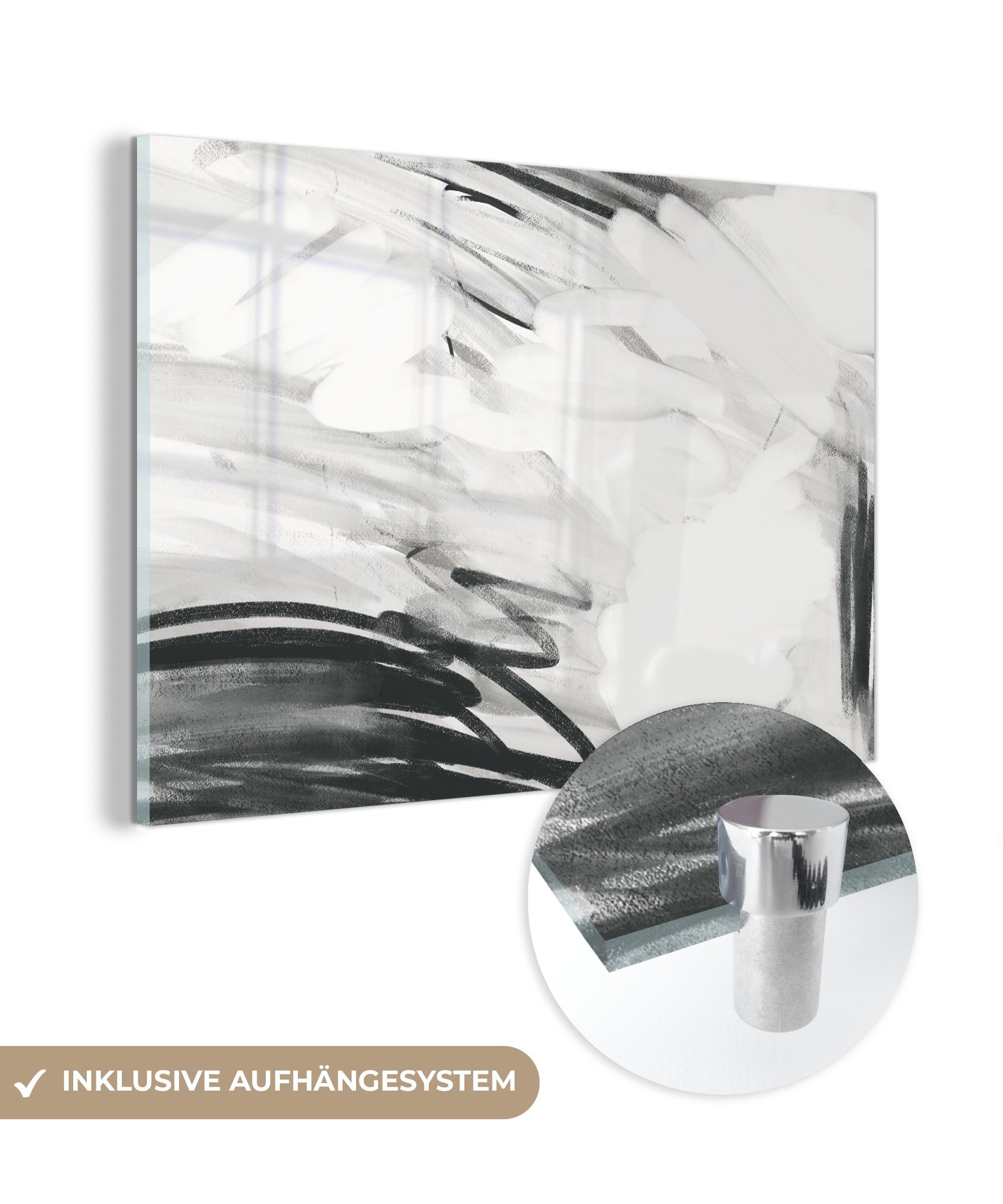 Foto Abstrakt, Wandbild - auf Glas - Schwarz Acrylglasbild Glas MuchoWow Bilder - auf Glasbilder Grau - St), - Wanddekoration Weiß - (1