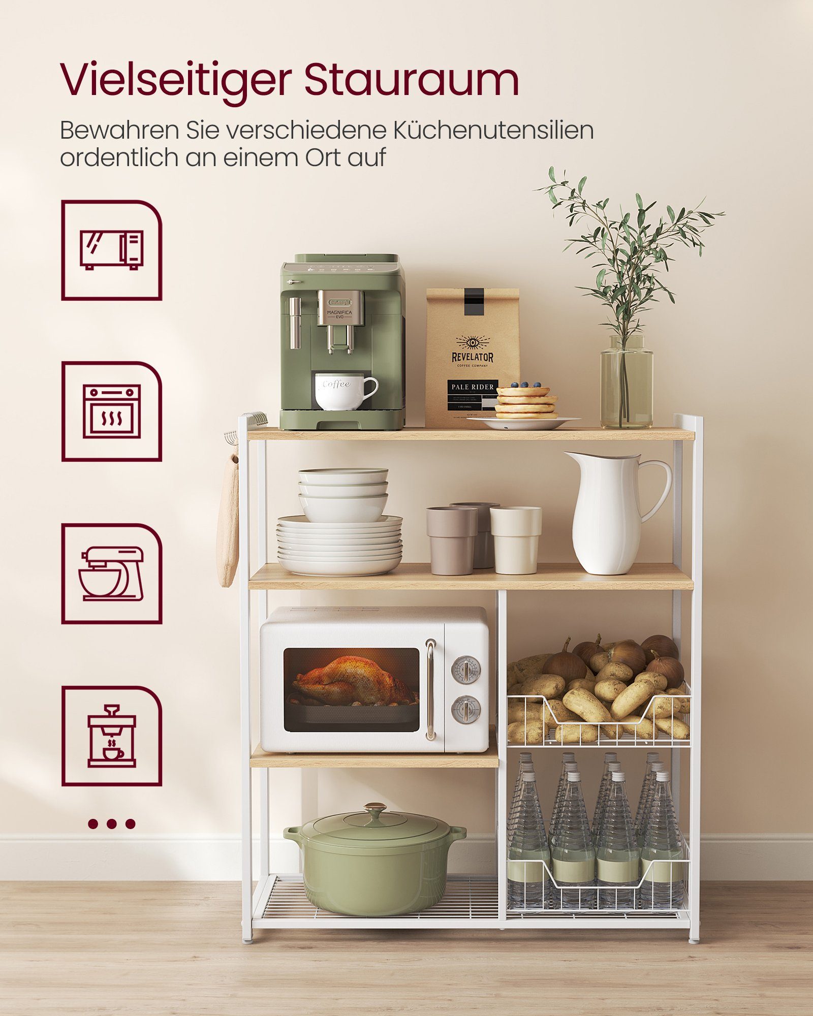 VASAGLE Küchenregal Standregal mit 2 Metallkörben, Bäckerregal mit Haken und Regalablagen, Mikrowellenregal, 35 x 80 x 95 cm – Bild 5 von 5