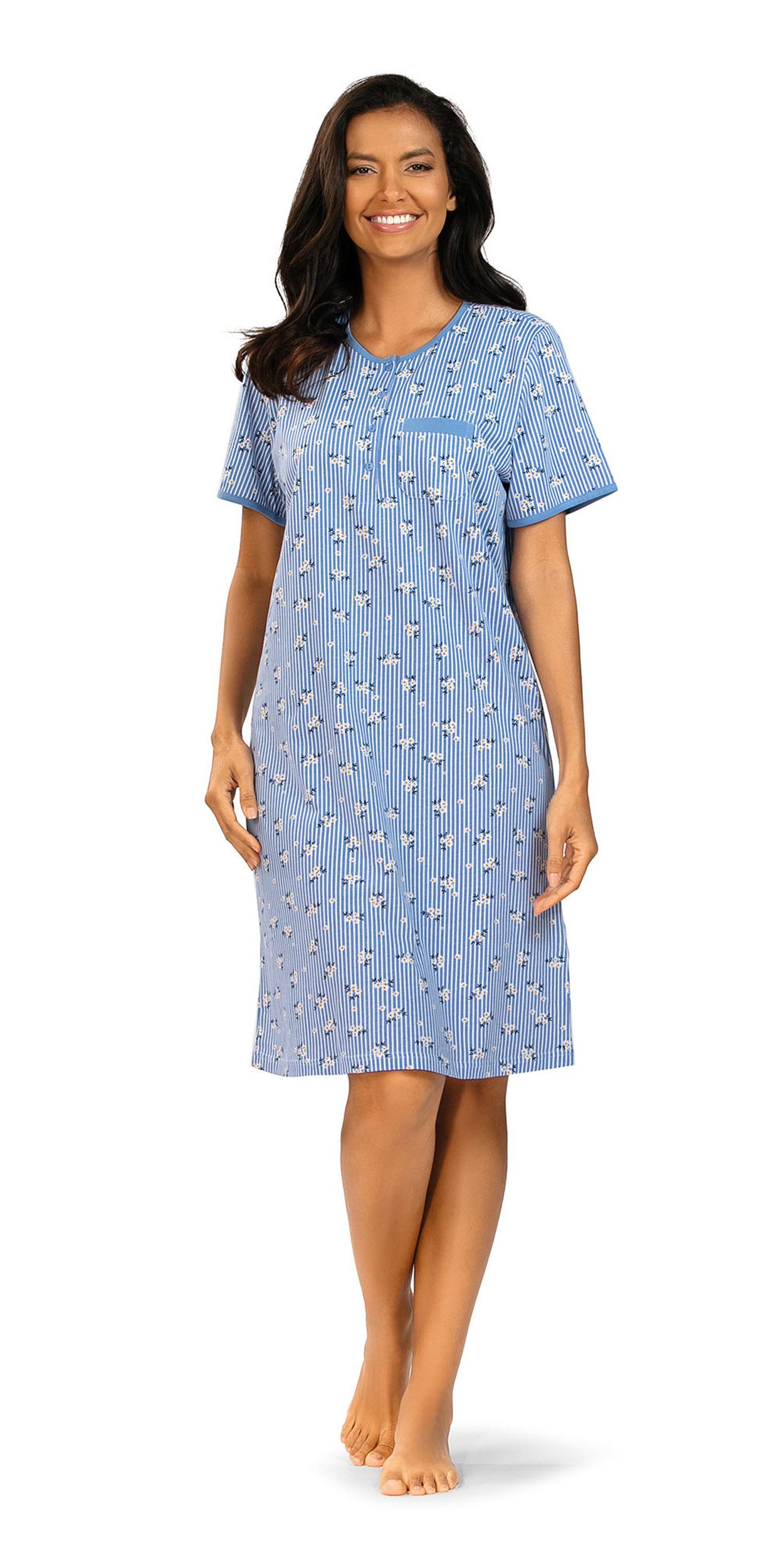 comtessa Nachthemd Comtessa Damen Nachtemd Kurzarm Blau Streifen Blumen (1-tlg) Nachthemd mit Streifen und Blümchen