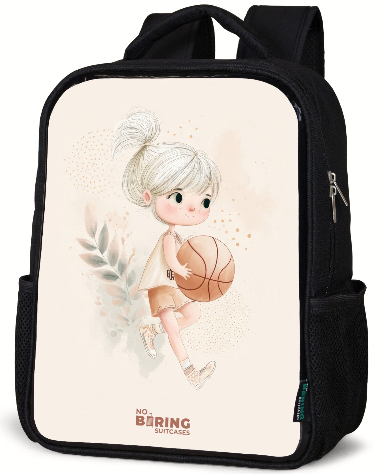 Rucksack Mädchen mit einem Basketball in neutralen Farben.