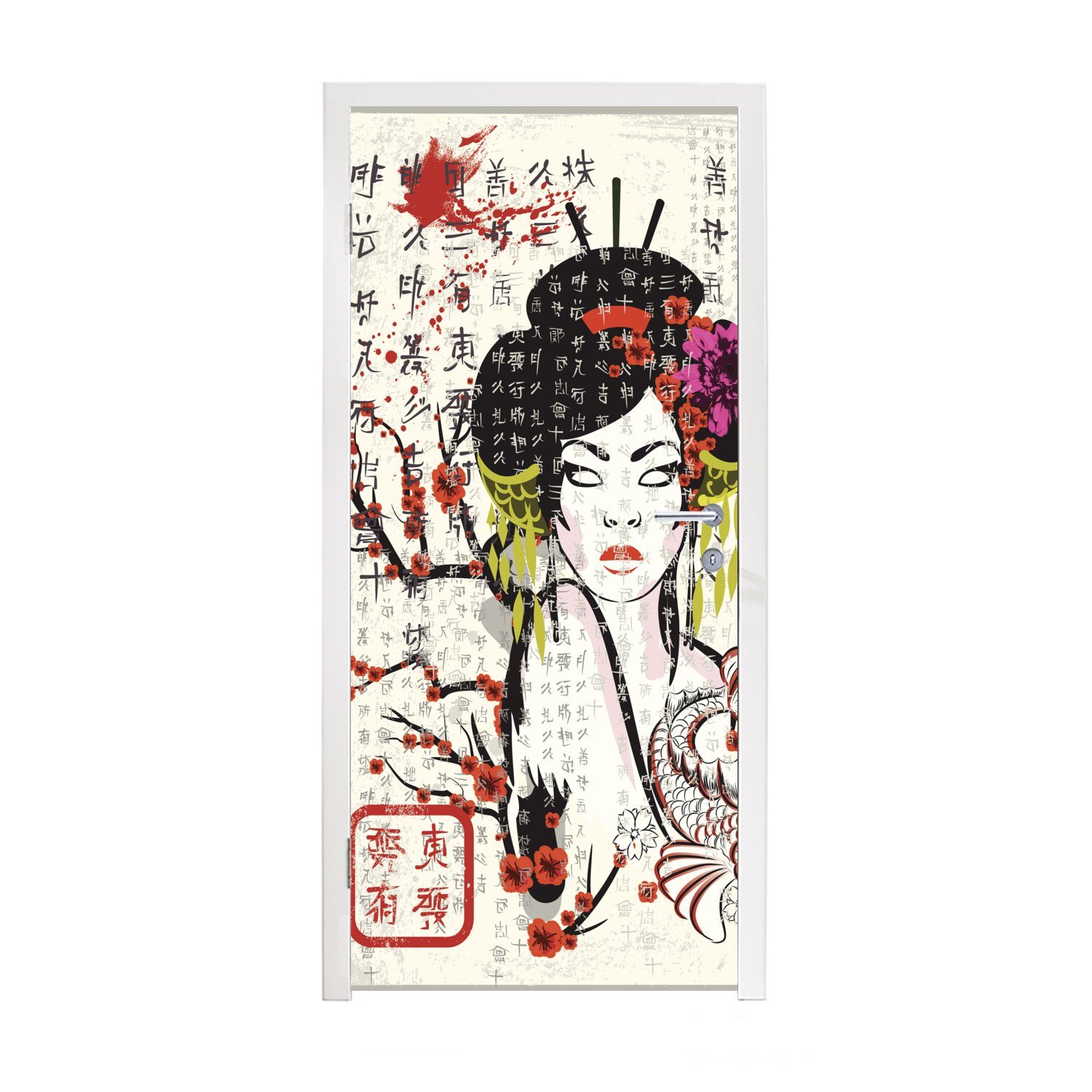 Fototapete Frau, Matt, traditionelle (1 75x205 bedruckt, St), Japanische Illustration für Türaufkleber, Tür, cm MuchoWow Türtapete
