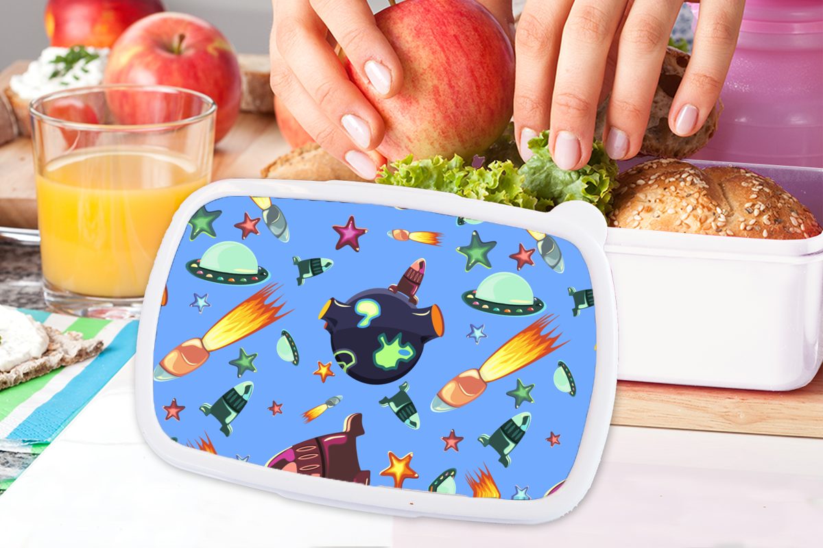 und (2-tlg), für und Regenbogen Rakete Kunststoff, Lunchbox Erwachsene, - weiß Brotdose, Kinder - Design, - Brotbox Weltraum Ufo Jungs MuchoWow Mädchen für -