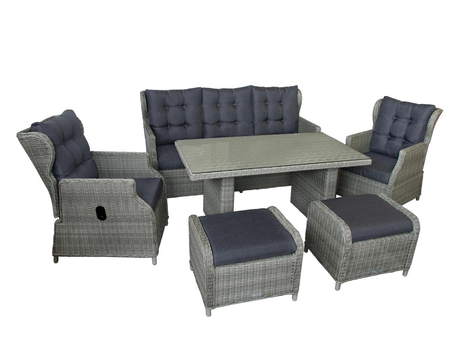 bellavista - Home&Garden® Garten-Essgruppe »Canelli« Dininglounge Set Sitzgruppe Loungemöbel Lounge Gartenmöbel, (Set, 6-tlg., 1 Sofa, 2 Sessel, 2 Hocker, 1 Tisch, inkl. Auflagen), braun, Polyrattan, für 7 Personen, wetterfest - Garten, Terrasse