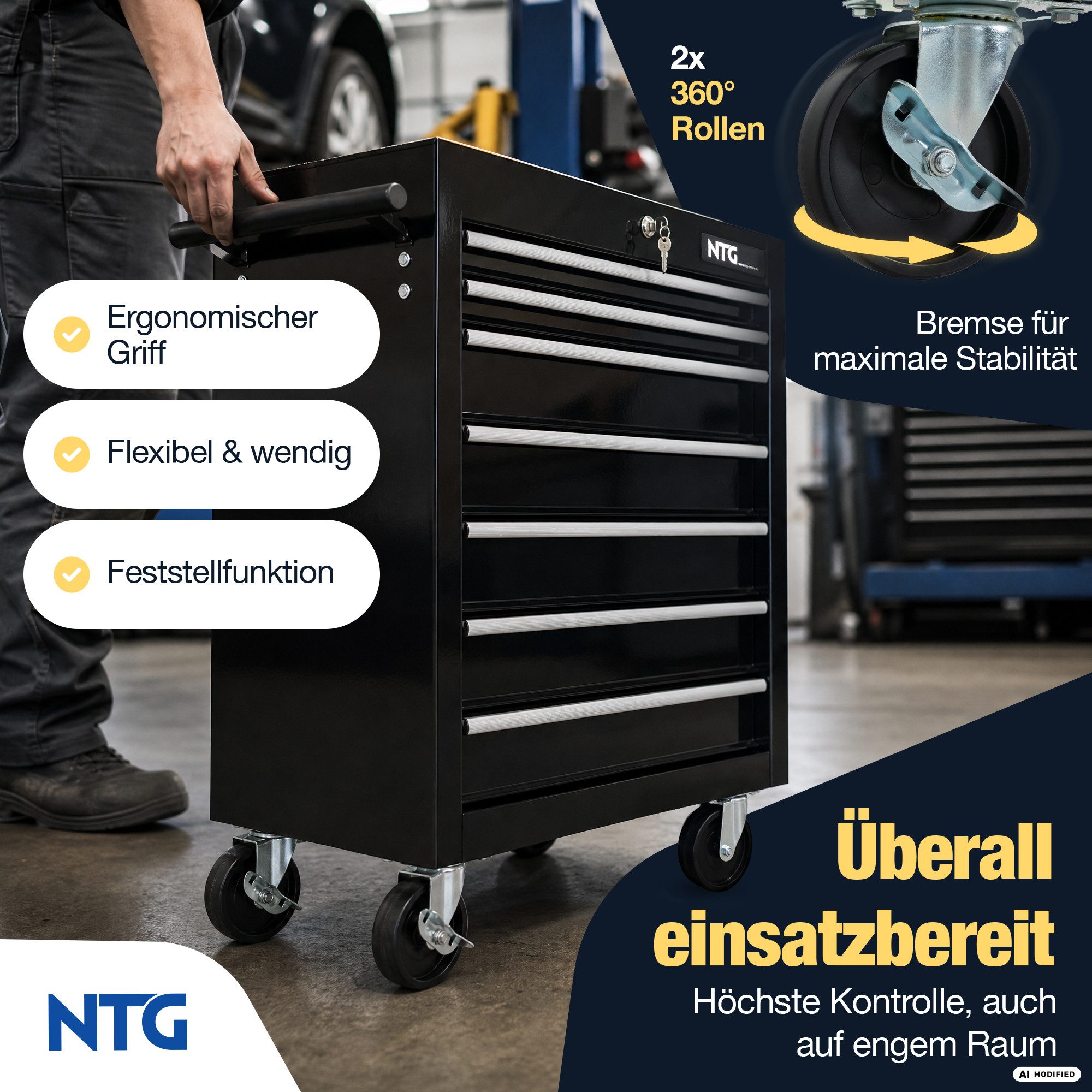 NTG Nutzfahrzeug Technik GmbH Werkstattwagen LEER – Werkstattwagen mit 7 kugelgelagerten Schubladen, max. Traglast:120 kg, 0-tlg. Werkzeugset, (Ohne Werkzeug),  – Bild 5 von 5
