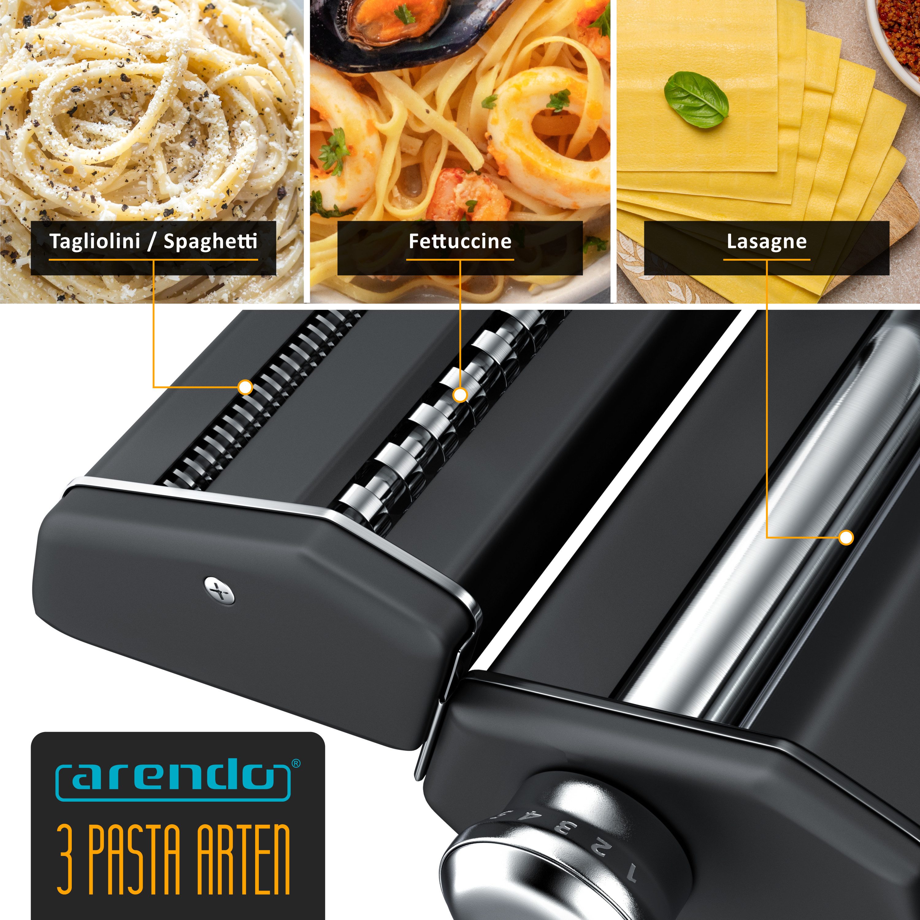 Arendo Nudelmaschine Manueller Pasta Maker, Nudelpresse, Edelstahl, 7 einstellbare Stärken, Duplexvorsatz für Spaghetti, Tagliatelle, Lasagne - 2mm & 6mm
