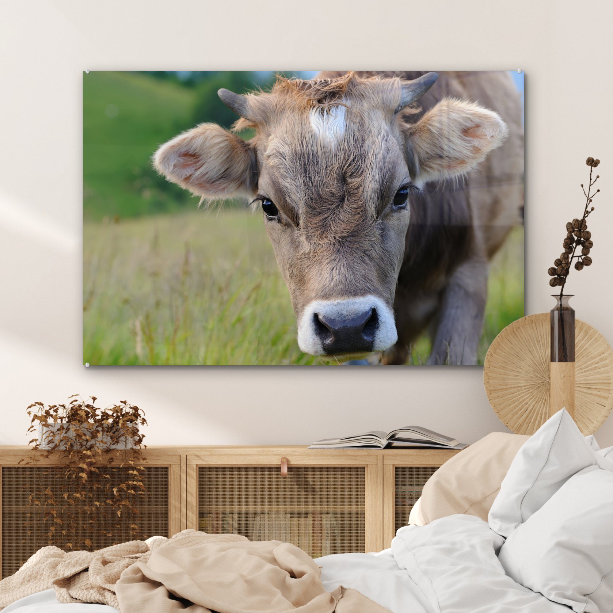 (1 Wohnzimmer - MuchoWow Acrylglasbild Acrylglasbilder Kuh & Horn - Schlafzimmer St), Landschaft,