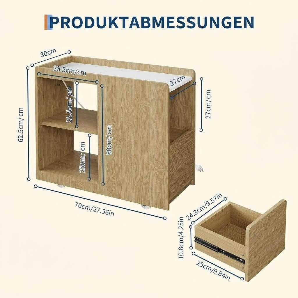 GarveeMore Beistelltisch Mit Ladestation Nachttisch mit Schublade Und Rollen,2 Steckdosen, USB Und USBc-Anschluss,Höhenverstellbarem Einlegeboden,Feststellrolle – Bild 2 von 5