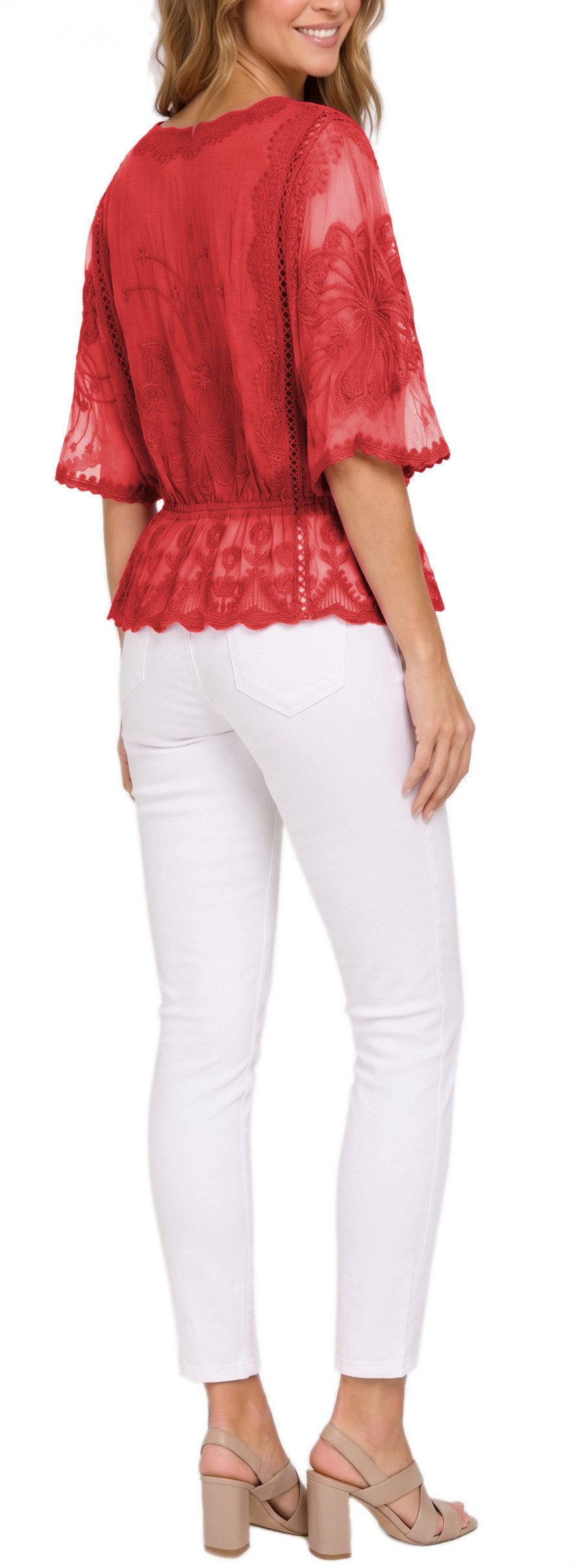 dy_mode Spitzenbluse Damen Sommerbluse mit Spitze Kurzarm Oberteil Einfarbig Transparent in Unifarbe, transparenten Ärmel