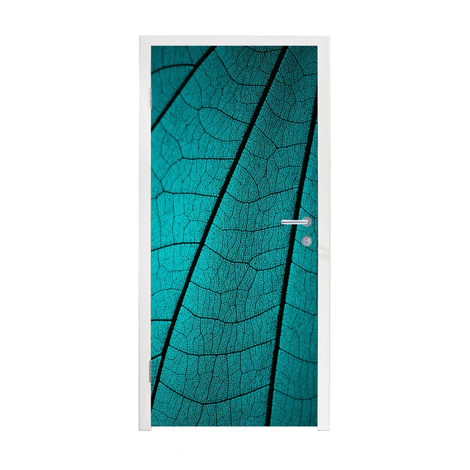 MuchoWow Türtapete Türkisfarbenes Blattskelett, Matt, bedruckt, (1 St), Fototapete für Tür, Türaufkleber, 75x205 cm