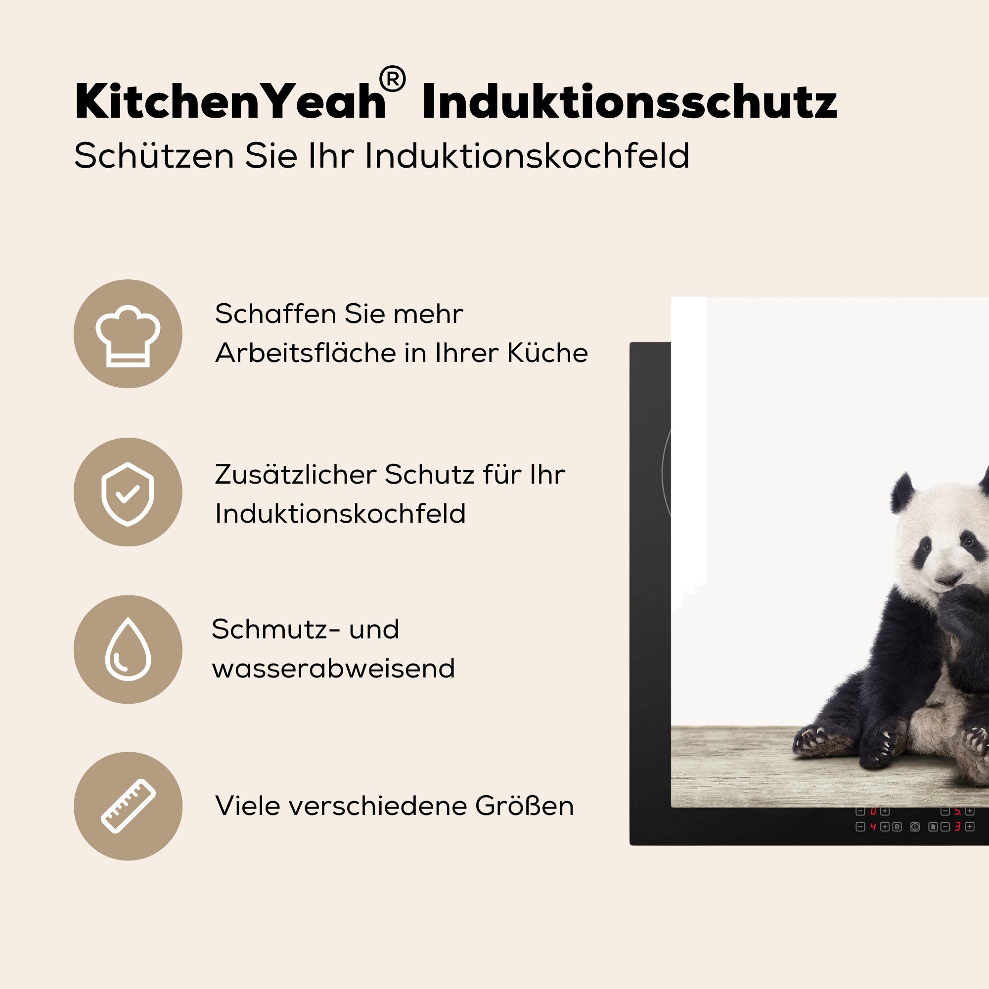 Panda - Herdblende-/Abdeckplatte Ceranfeldabdeckung, - Tiere - 78x78 Vinyl, cm, tlg), Schwarz Weiß, (1 küche Arbeitsplatte für MuchoWow