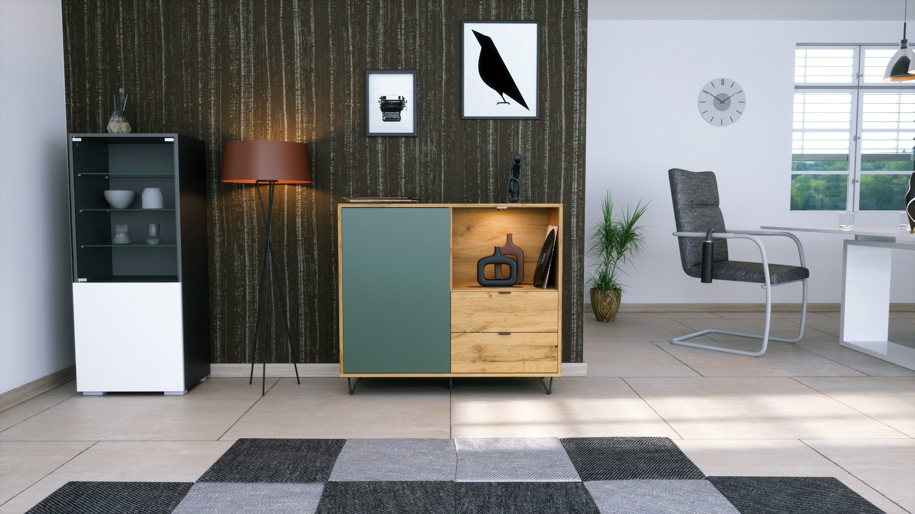 Vladon Kommode Marino (Kommode mit 1 Tür Fjord Grün, 2 Schubladen Eiche Evoke, inkl. LED, Made in Germany), Korpus Eiche Evoke (103 x 90,5 x 37 cm)