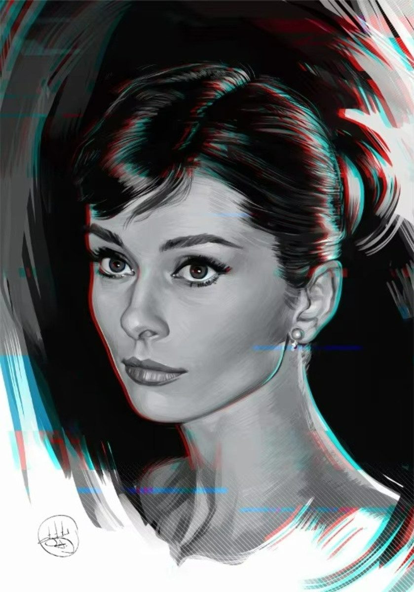 TPFLiving Kunstdruck (OHNE RAHMEN) Poster - Leinwand - Wandbild, Audrey Hepburn Vintage Schwarz-Weiß Klassischer Filmstar Leinwand (Leinwandbild XXL), Farben: Schwarz, Weiß, Grau, Rosa, Rot, Lila -Größe: 20x30cm