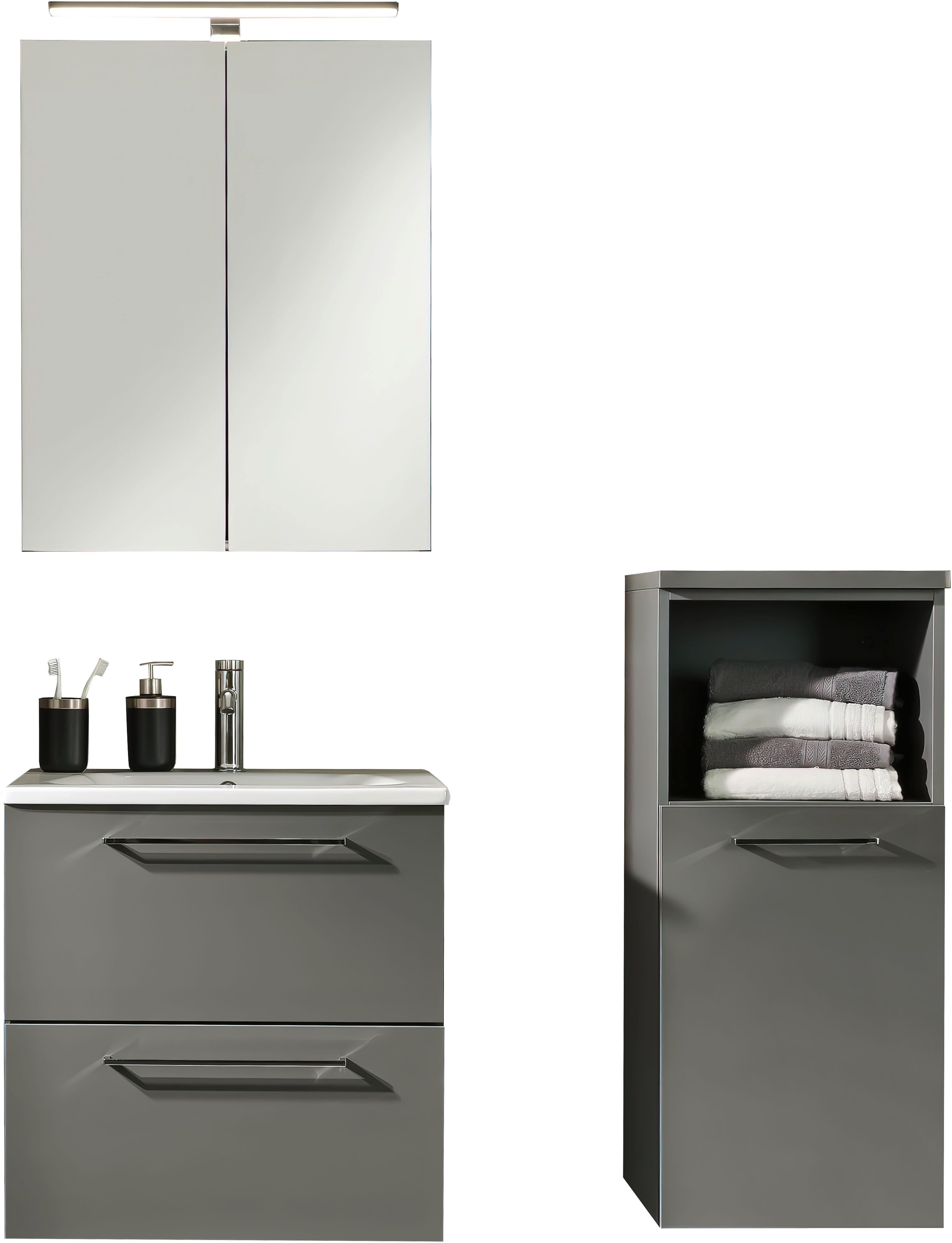 Nolte SPA Badmöbel-Set Lux - Badmöbel-Set, (Komplett-Set, 3-St., Spiegelschrank, Keramikbecken, Waschtisch 2 Auszüge, LED, erw., li/re), Badezimmer-Set hochglanz, Spiegelschrank und Waschtisch mit 2 Auszügen