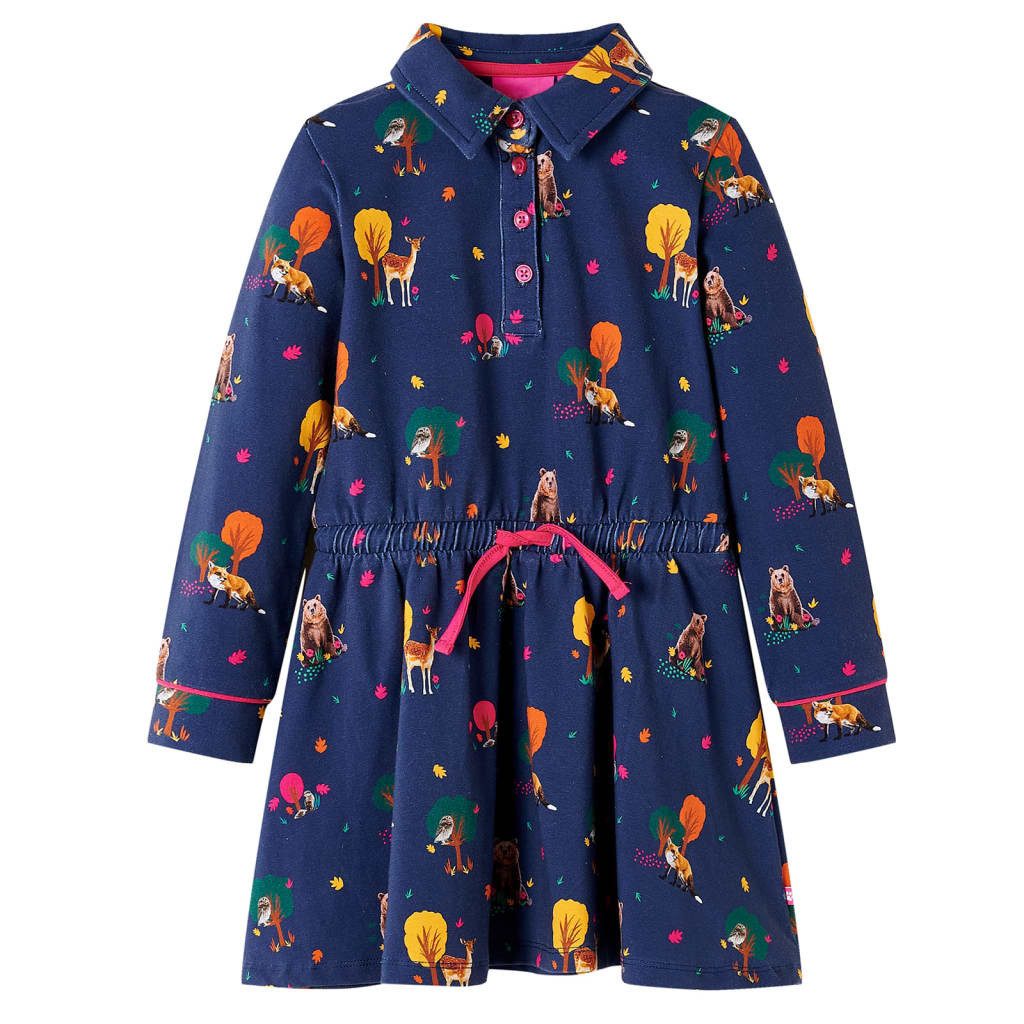 Druckkleid Kinderkleid mit Langen Ärmeln und Kordelzug Marineblau 140
