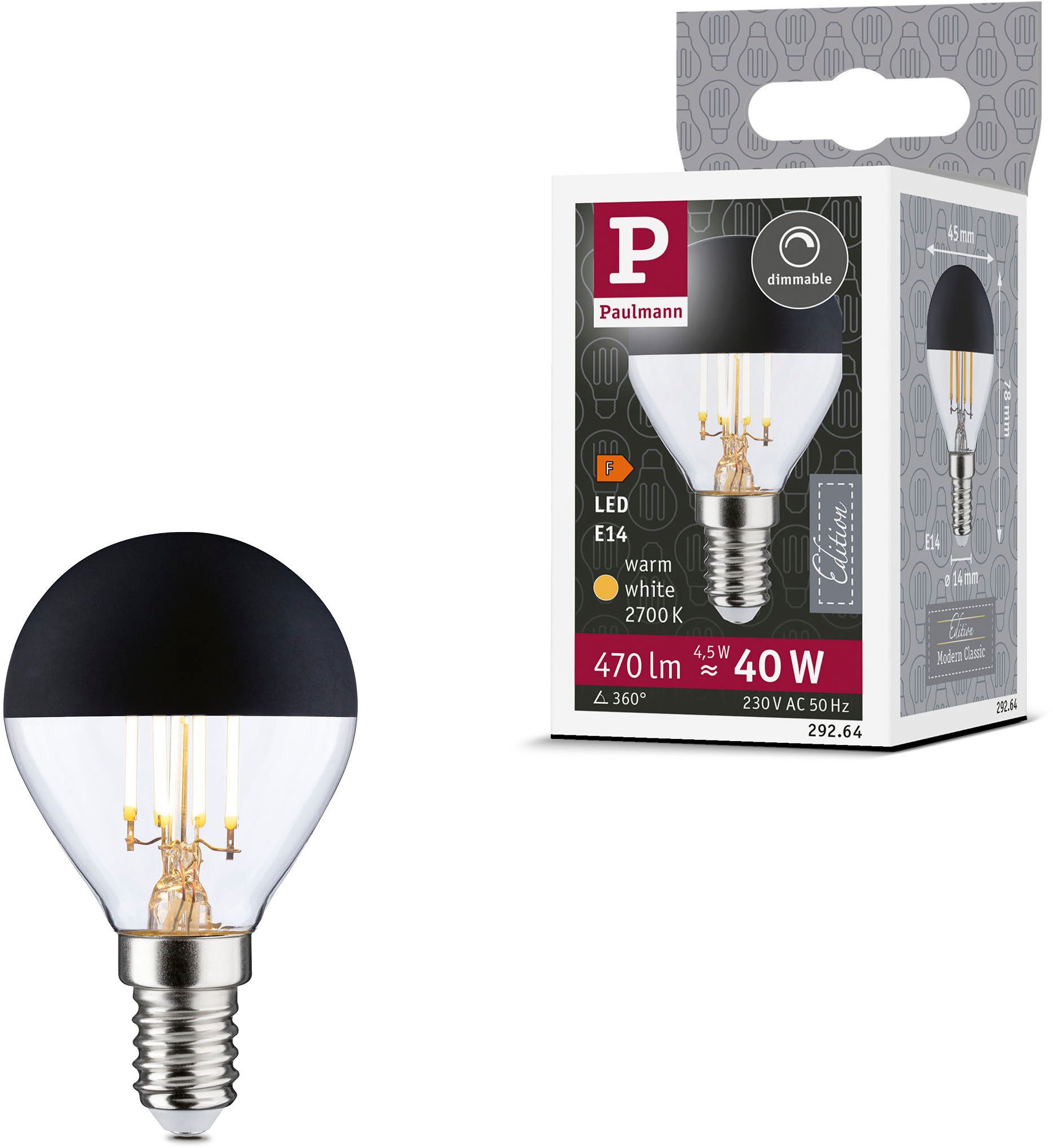 Paulmann LED-Leuchtmittel LED Tropfen Kopfspiegel 470lm E14 2700K 4,5W 230V dim schwarz matt, E14, 1 St., Warmweiß