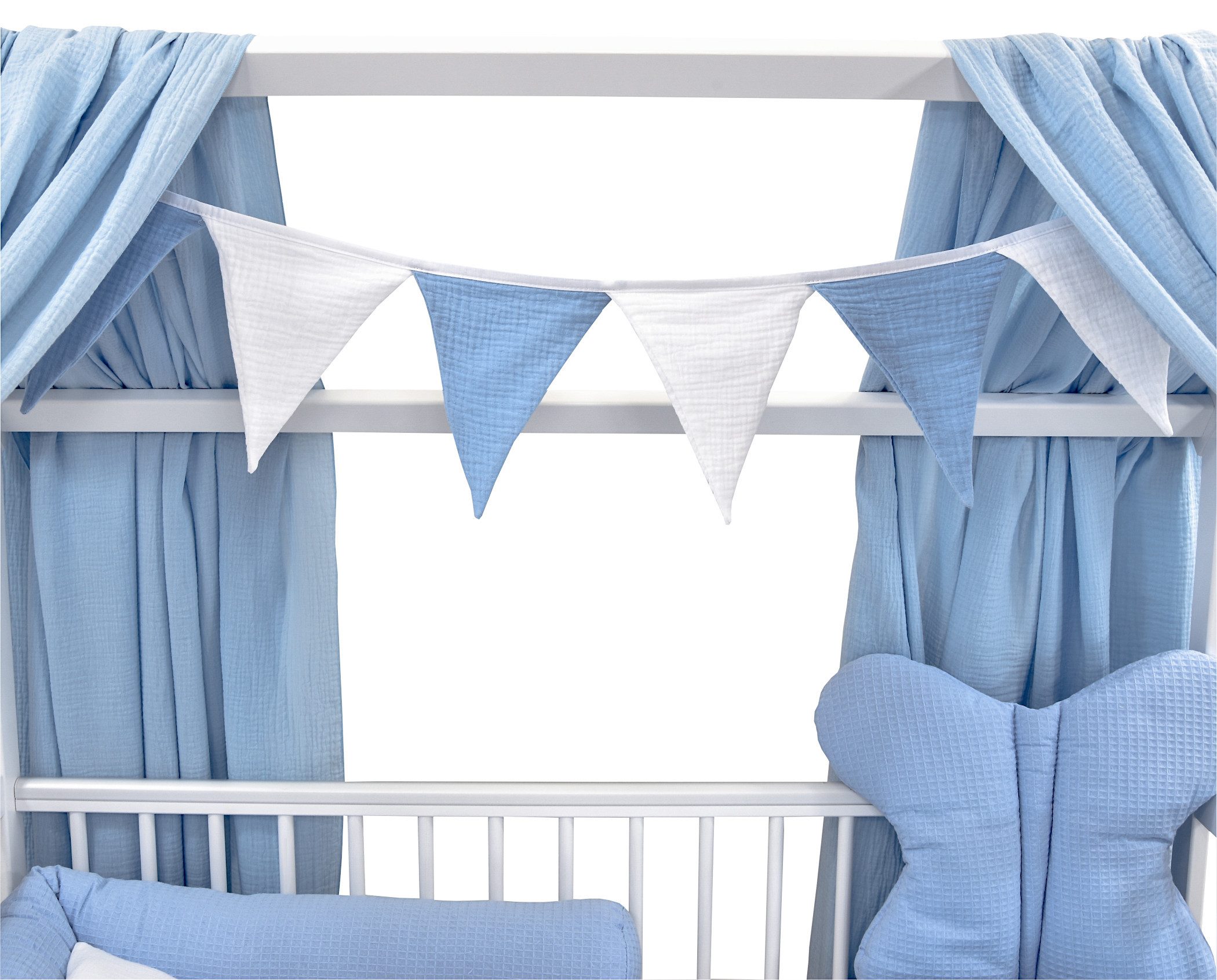 Baby-Delux Komplettbett Hausbett Babybett Komplettset Waffelpique Musselin, 12-tlg., Kinderbett 60x120 cm weiß, Bettset verschiedene Designs
