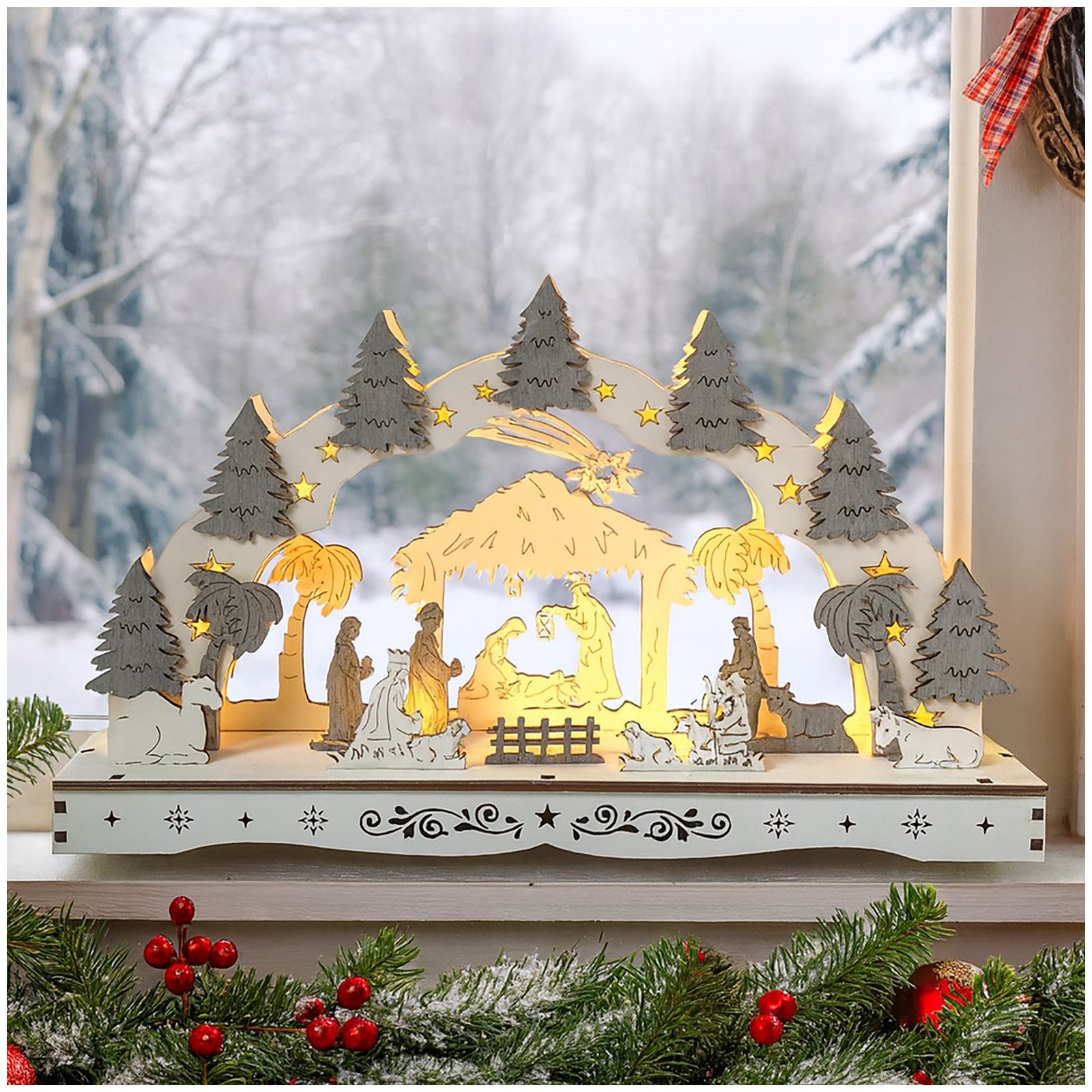 HTI-Living Schwibbogen Leuchtbogen Heilige Familie mit Krippe (1-tlg), Schwibbogen batteriebetrieben