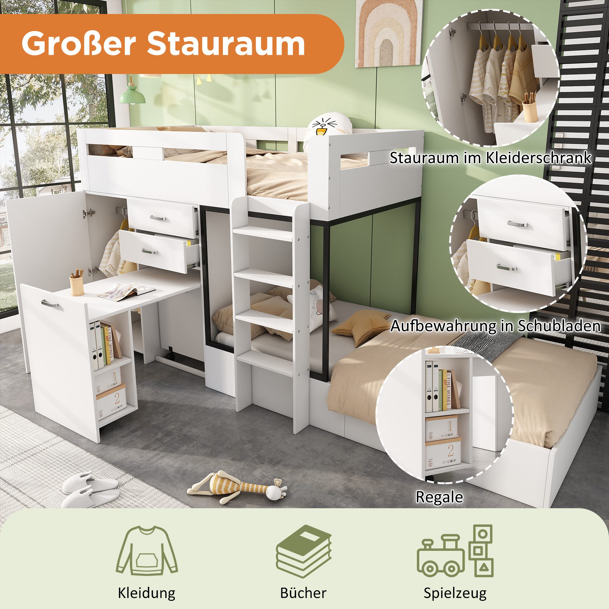 Flieks Etagenbett, Kinderbett 90x200cm mit ausziehbarem Tisch, Garderobe, großem Stauraum