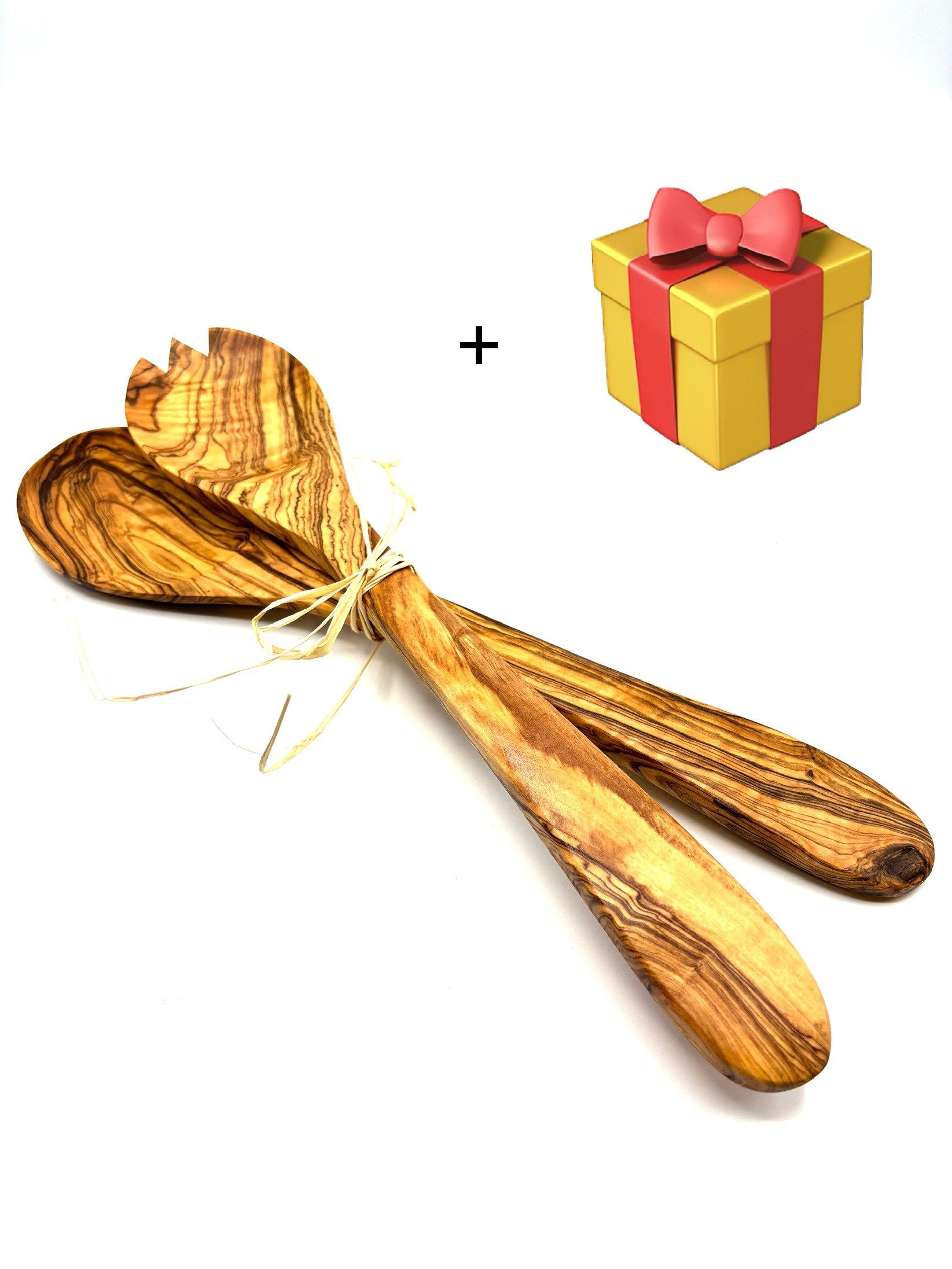 Olivenholz-erleben Salatbesteck Salatbesteck groß mit Bastband (Set, 2-tlg., 1x Salatlöffel, 1x Salatgabel), Stilvoll Salate servieren – ein echter Blickfang auf dem Tisch.