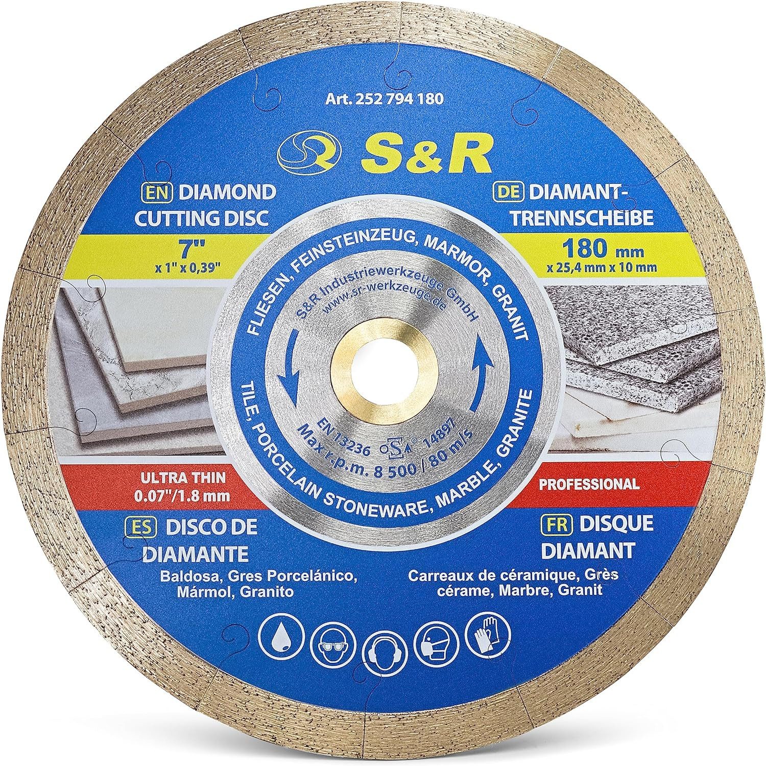 S&R Diamanttrennscheibe 180 x 25,4 x 10 mm, extra dünn, Trennscheibe für sauberes Trennen von, Ø 180 mm, Fliesen, Porzellan, Keramik, Feinsteinzeug, Granit, Marmor