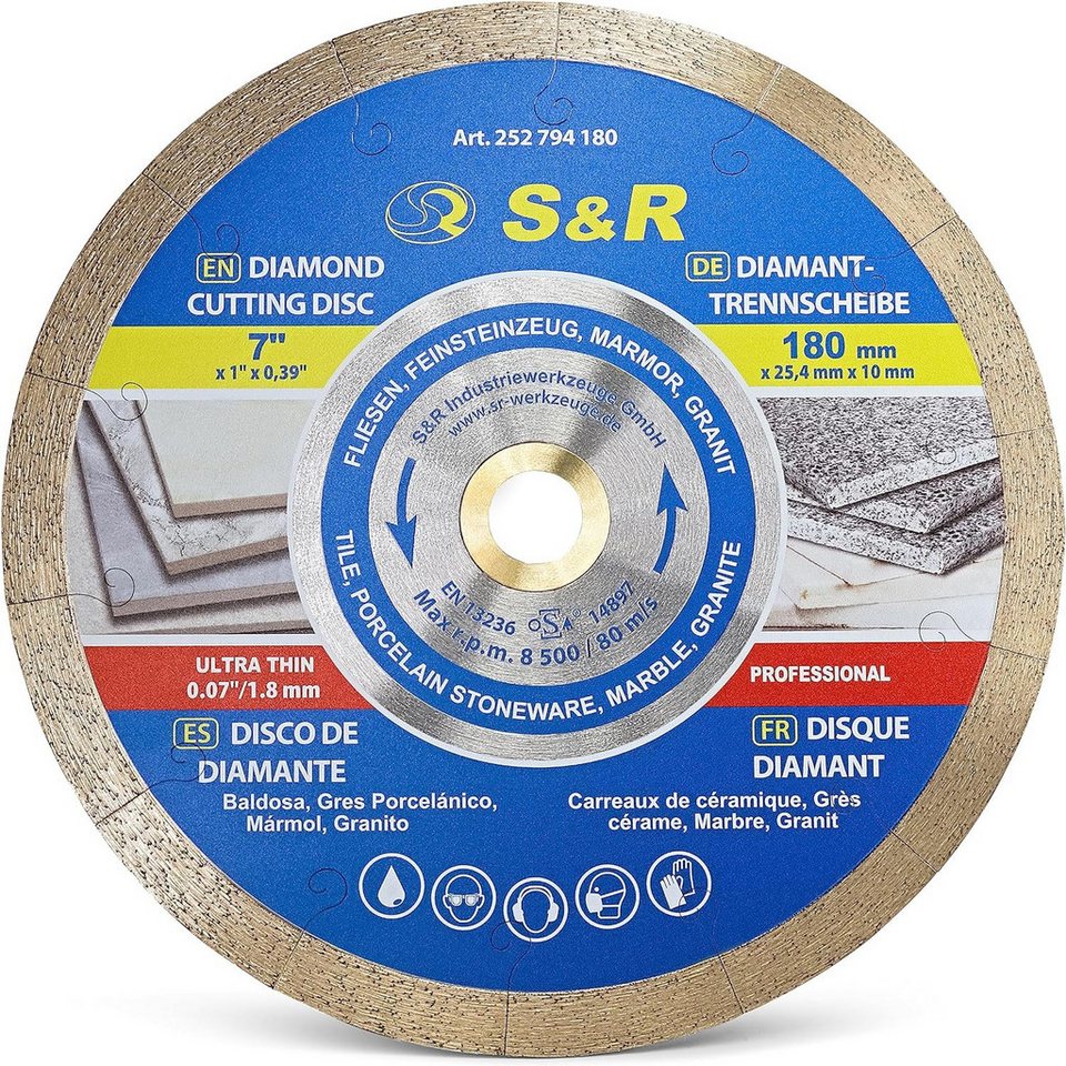 S&R Diamanttrennscheibe 180 x 25,4 x 10 mm, extra dünn, Trennscheibe ...