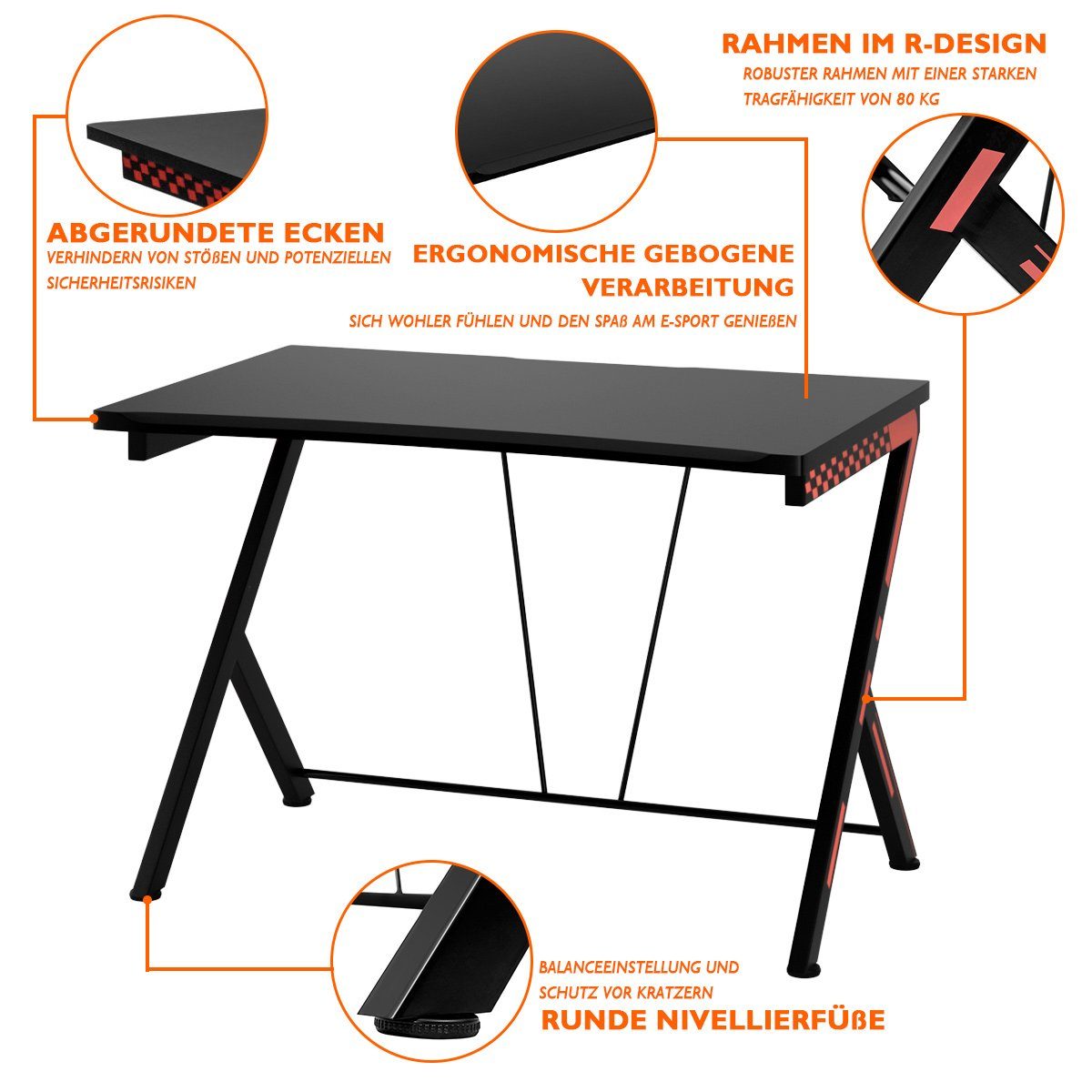 COSTWAY Gamingtisch, x R-förmig, x 75 77 mit 116 Metallrahmen, cm