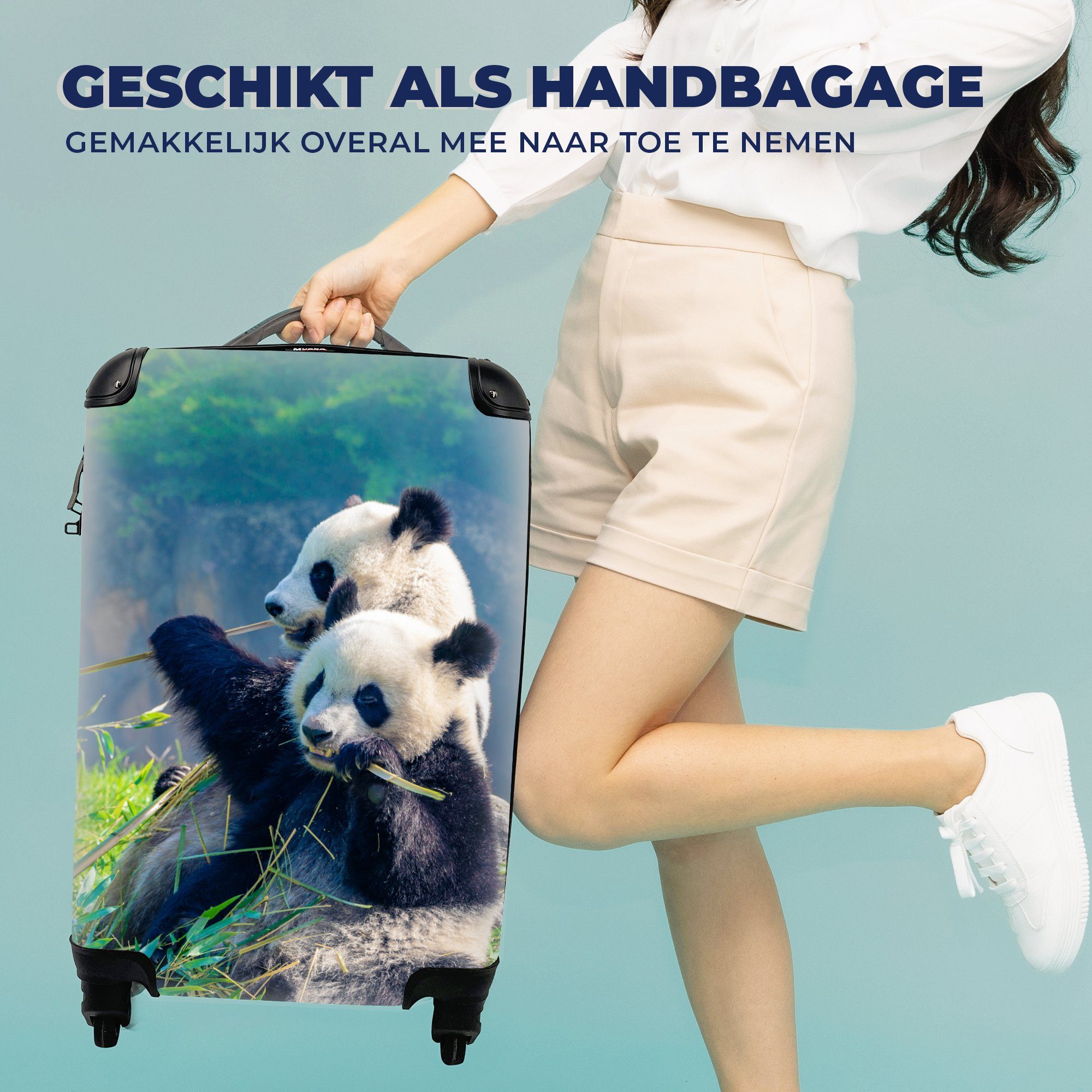 Reisetasche Reisekoffer Gras Rollen, Trolley, rollen, Panda MuchoWow Handgepäckkoffer - für - mit 4 Tiere, - Bambus Handgepäck Ferien,