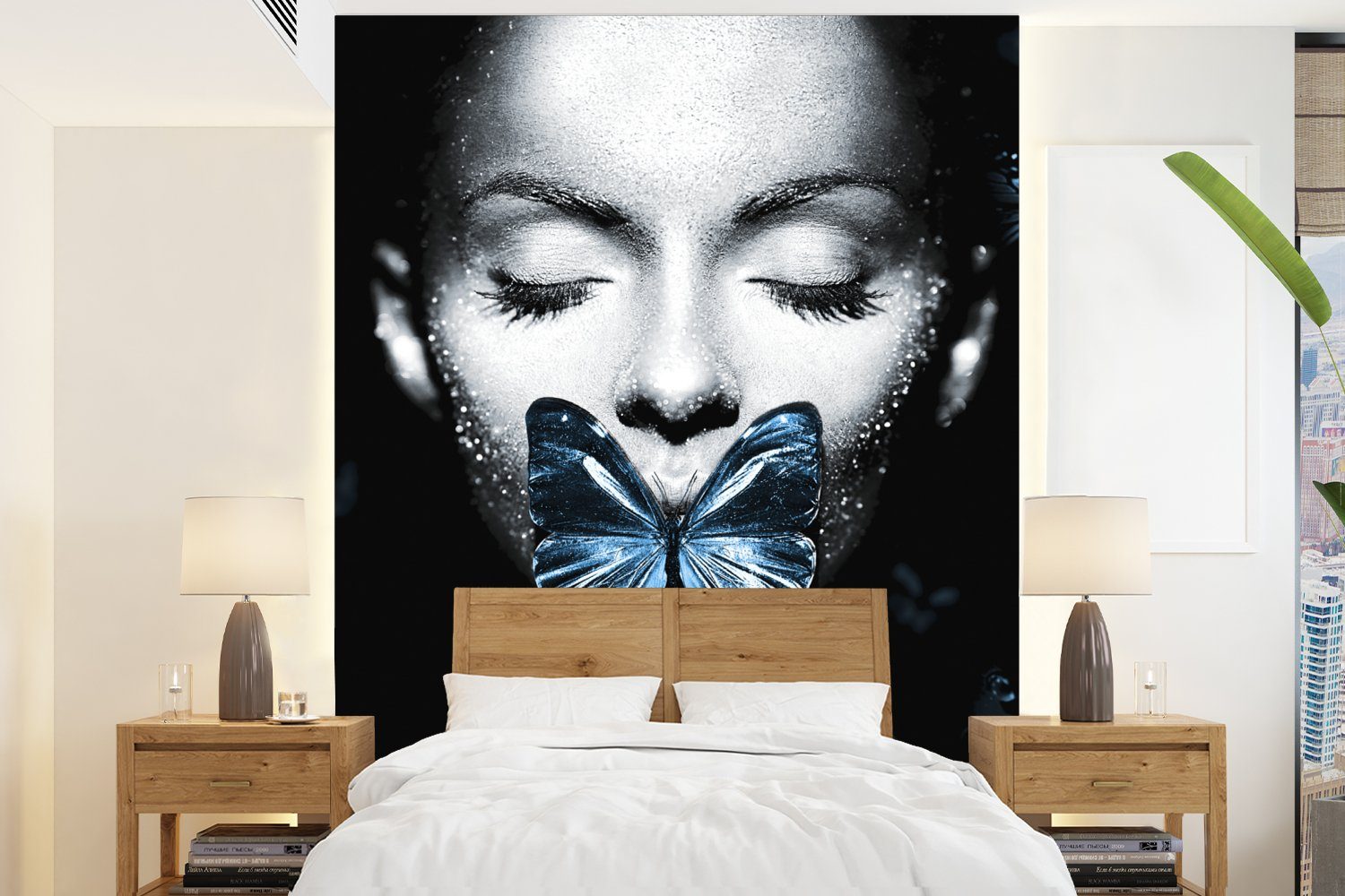 MuchoWow Fototapete Frau - Schmetterling - Blau, Matt, bedruckt, (4 St), Montagefertig Vinyl Tapete für Wohnzimmer, Wandtapete | Fototapeten