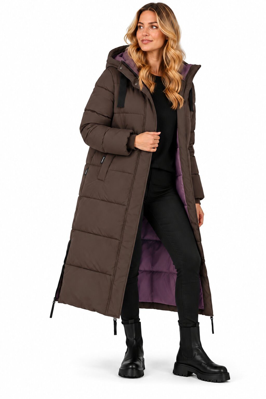 SUBLEVEL Steppmantel Damen langer Wintermantel Jacke mit Kapuze seitlicher Reissverschluss Perfekte Passform Hochwertige Verarbeitung, extra lang