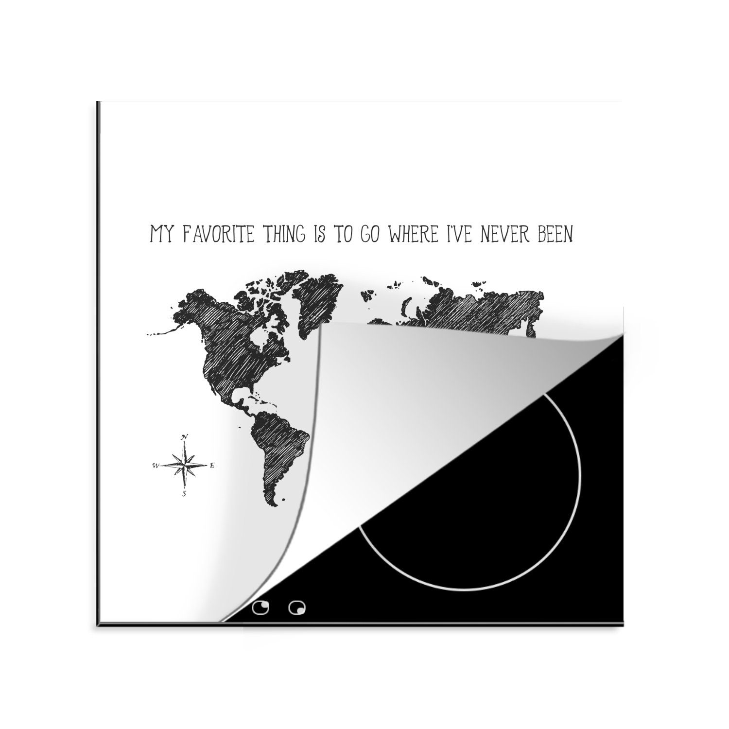 Weltkarte - MuchoWow Herdblende-/Abdeckplatte küche tlg), Arbeitsplatte - Vinyl, Schwarz Ceranfeldabdeckung, (1 weiß Zitat, für 78x78 und cm,