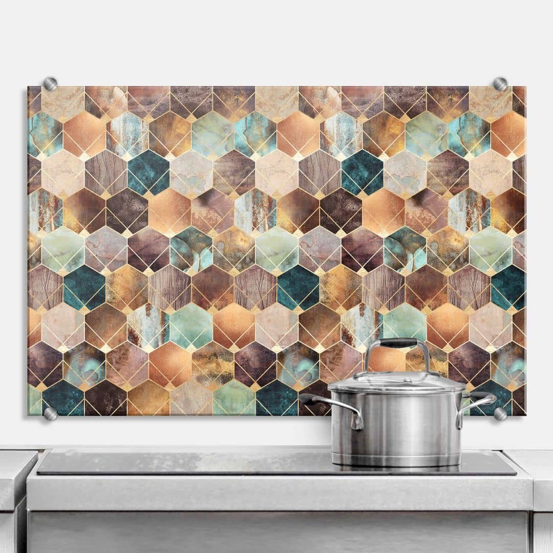 K&L Wall Art Gemälde Glas Spritzschutz Küchenrückwand Hexagon abstrakt Gold Kupfer, Wandschutz inkl Montagematerial | Gemälde