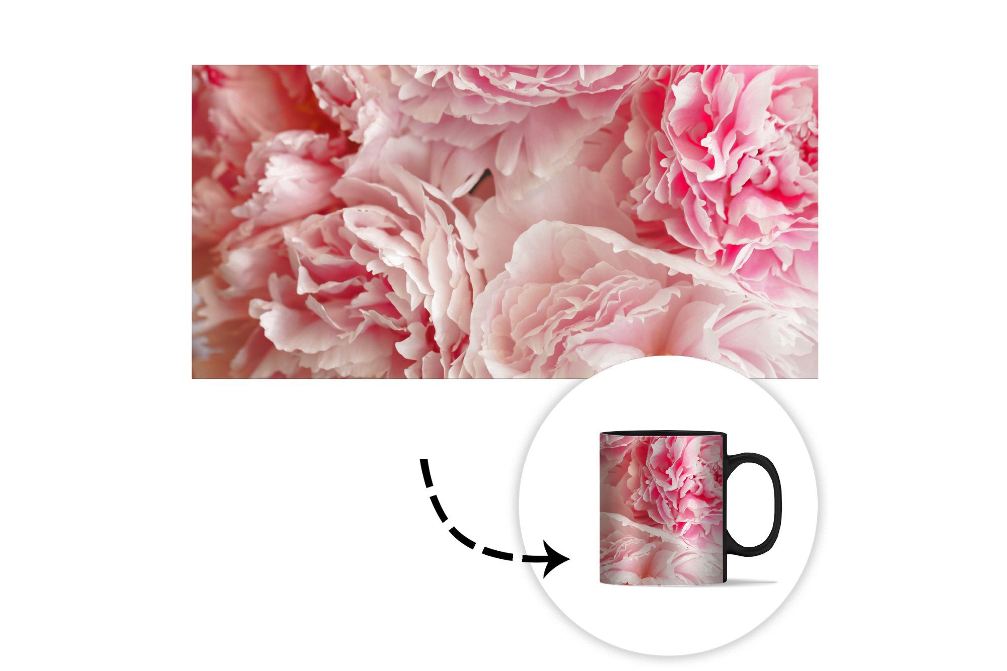 Tasse Draufsicht rosa Kaffeetassen, Farbwechsel, Keramik, MuchoWow Geschenk einen auf Teetasse, Zaubertasse, Strauß Pfingstrosen,