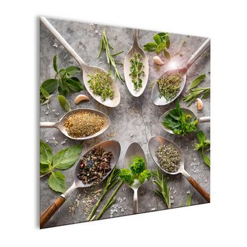artissimo Glasbild Glasbild 30x30cm Bild Küche Küchenbild Esszimmer Gewürze grün grau, Essen und Trinken: Vintage Löffel mit Kräutern I