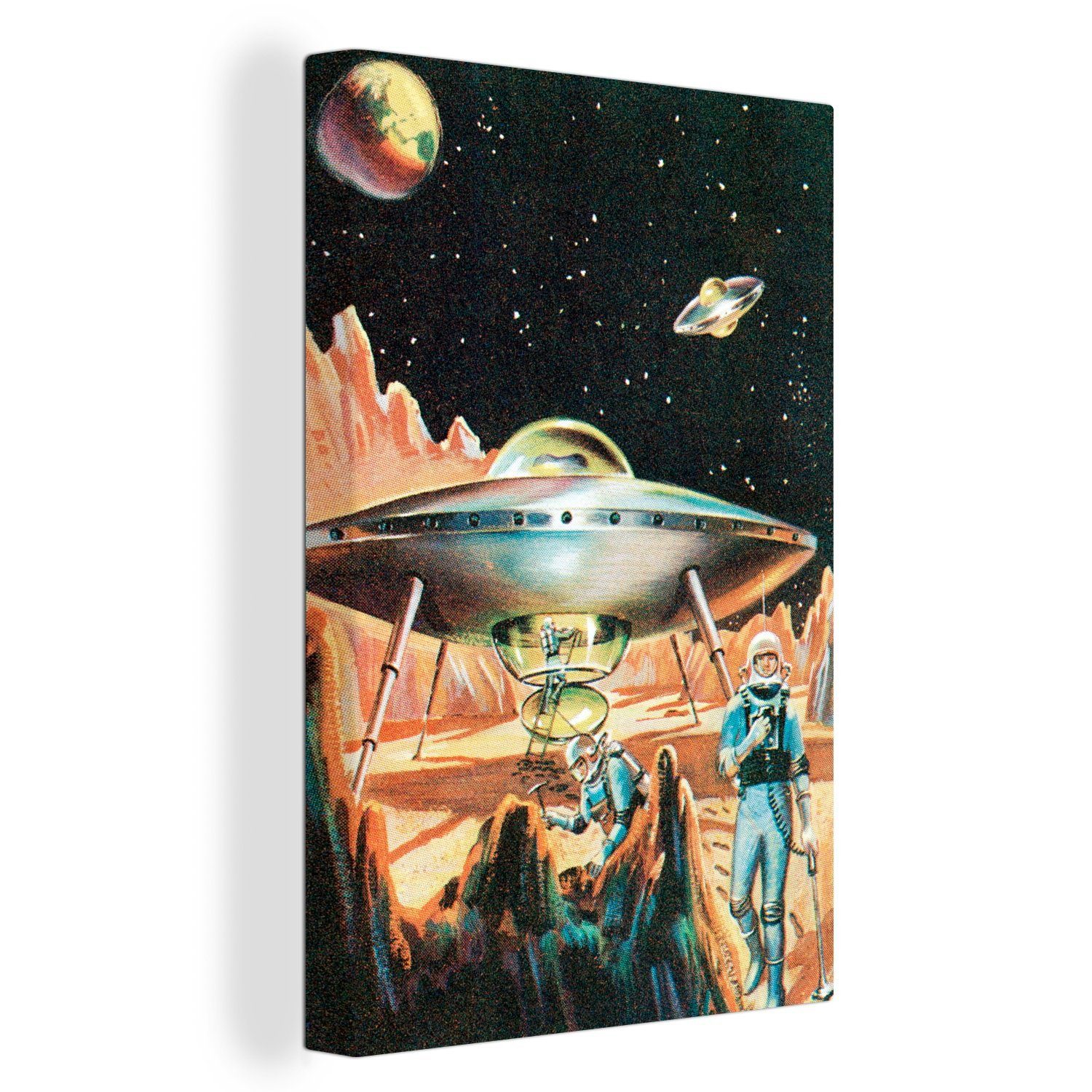 OneMillionCanvasses® Leinwandbild fertig Zackenaufhänger, 20x30 UFOs Gemälde, cm Eine St), Science-Fiction-Illustration (1 inkl. Planeten, bespannt Leinwandbild eines auf einem