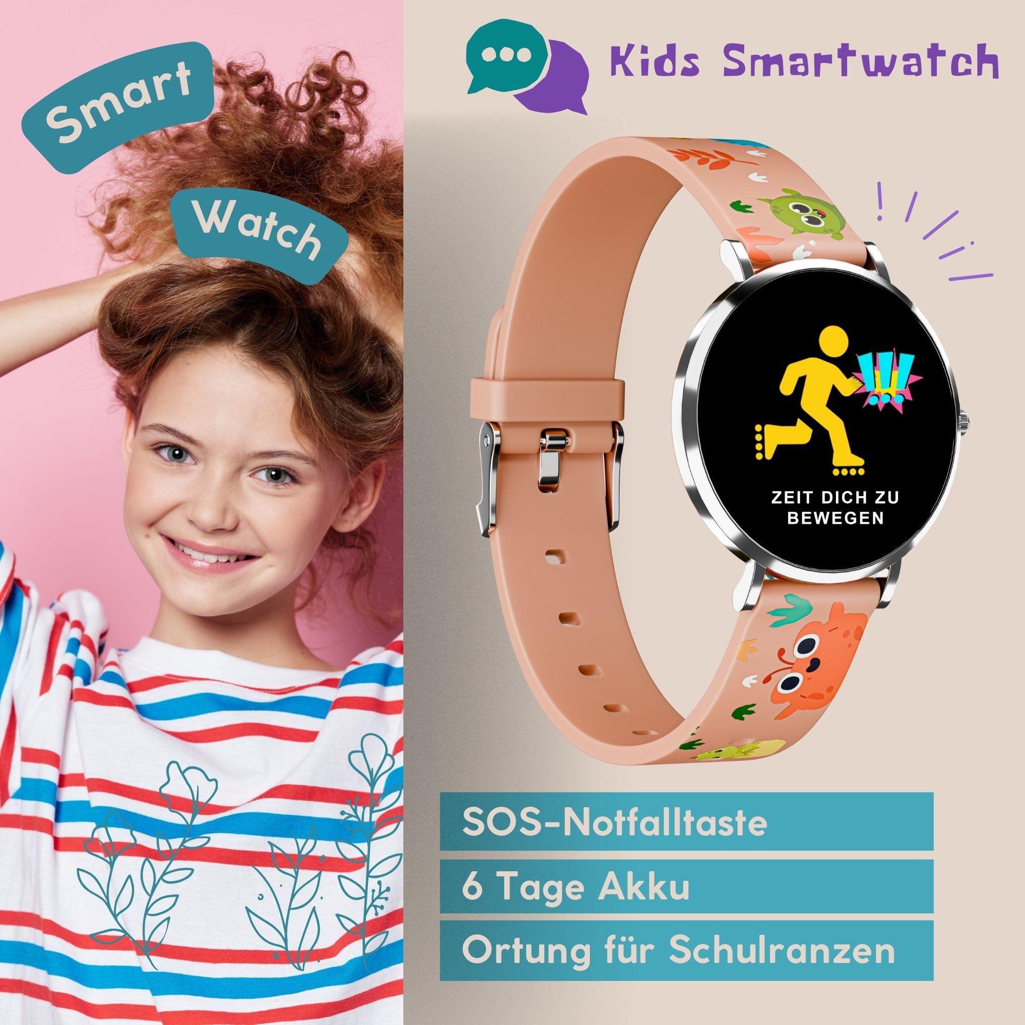 XCOAST LINO-TIME, Kleine Kinder Smartwatch (37mm cm/1,19 Zoll) wie eine analog Kinderarmbanduhr, filigran, robust, 3-tlg., nur 6,9mm hoch, 6 Tage Akku Laufzeit, Spiele, >100 Sportarten, SOS NOTRUF, 6 Tage Akku, IP68 wasserdicht, Edelstahl, flach