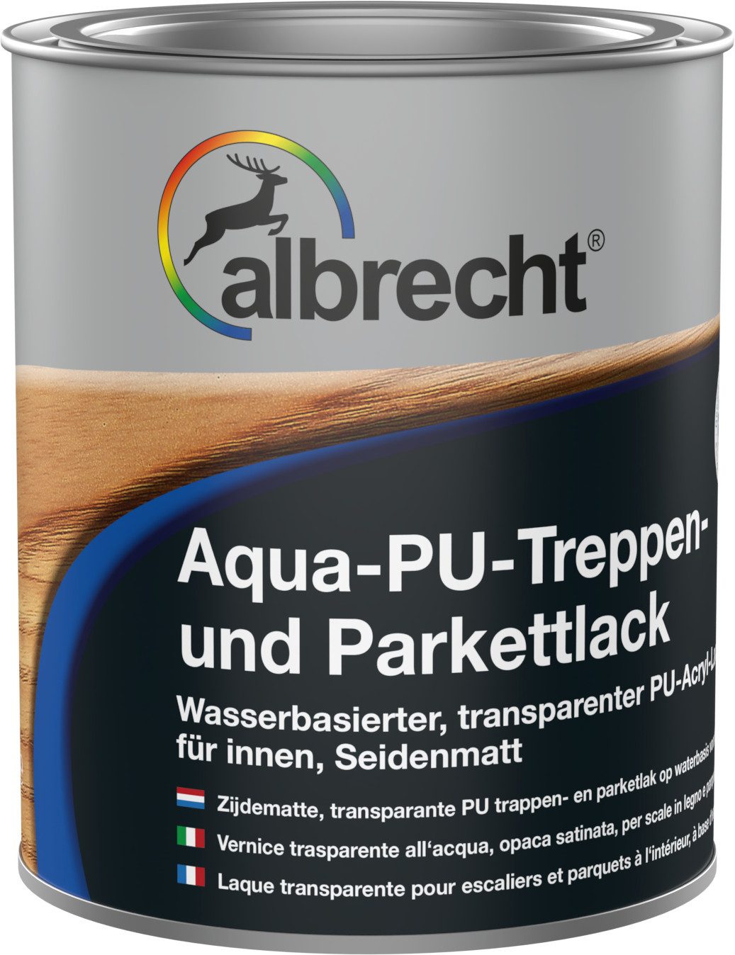 Lack Albrecht Treppen- und Parkettlack Aqua-PU Treppenlack Parkettlack seidenmatt farblos 0,75-2,5L Holzlack, wasserbasierte Acryl-PU-Versiegelung schützt und veredelt Holzflächen
