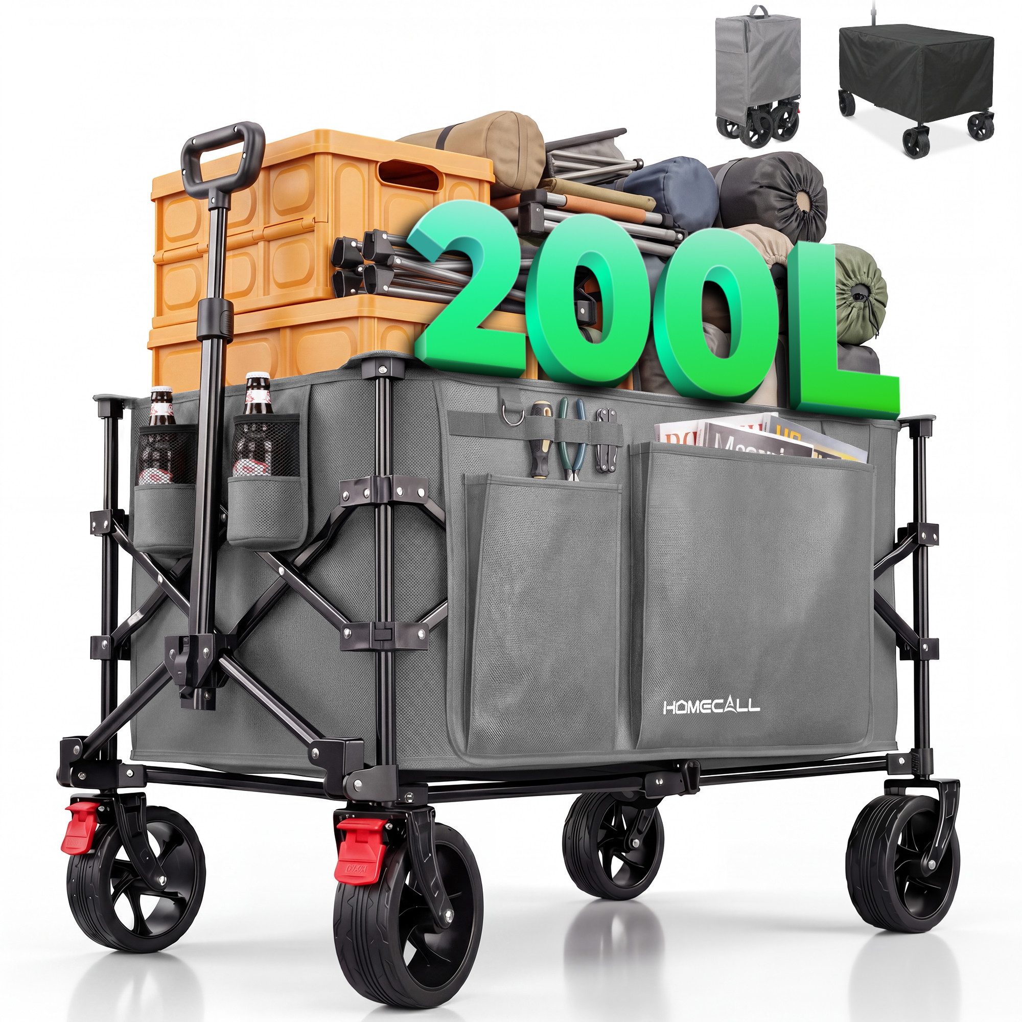 HOMECALL Bollerwagen Handwagen 200L XXL-Volumen mit praktischer Kühltasche (Strandwagen Klappbar Transportwagen), Für Einkaufen, Camping, Garten, Dogs