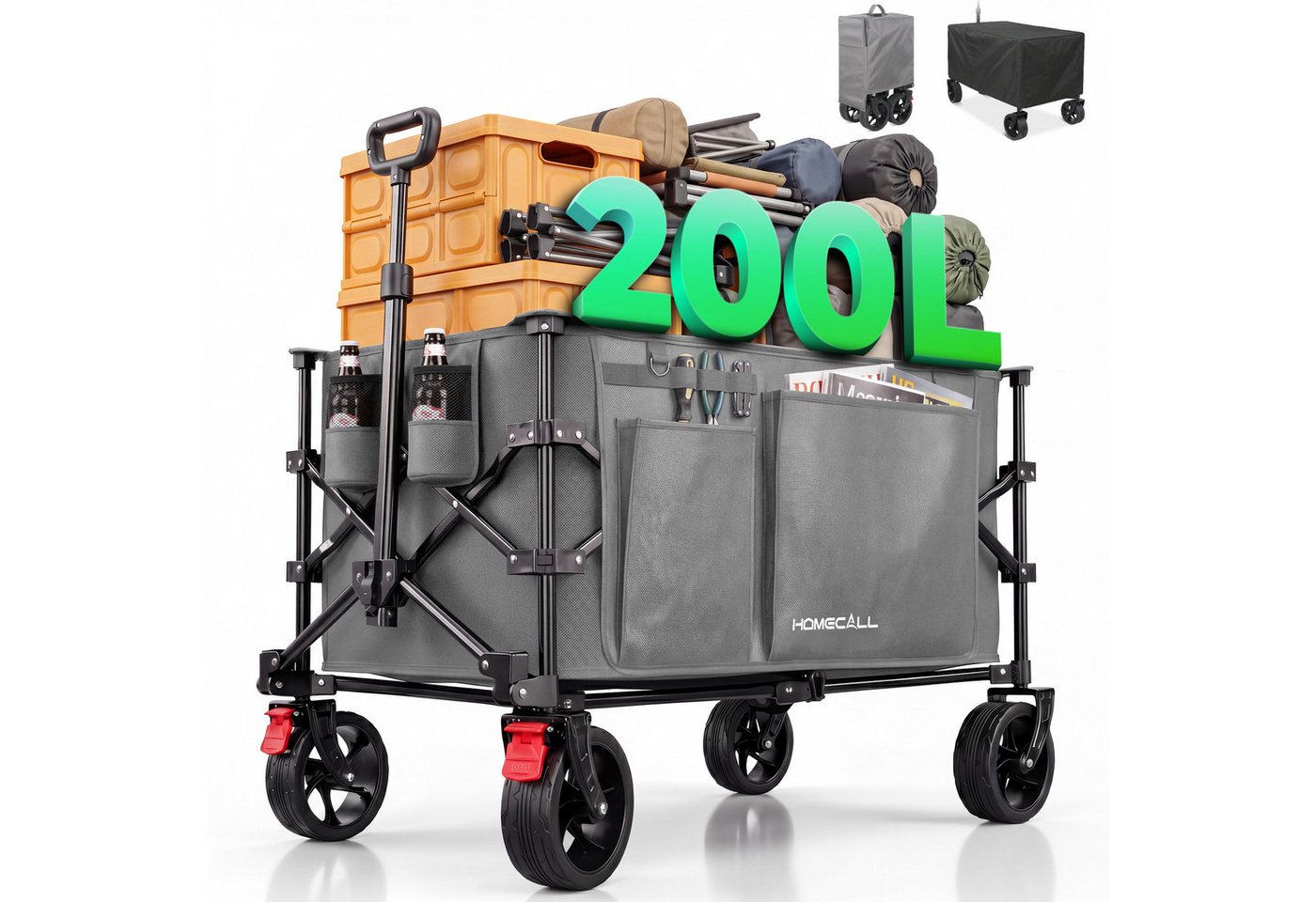HOMECALL Bollerwagen Handwagen 200L XXL-Volumen mit praktischer Kühltasche (Strandwagen Klappbar Transportwagen), Für Einkaufen, Camping, Garten, Dogs