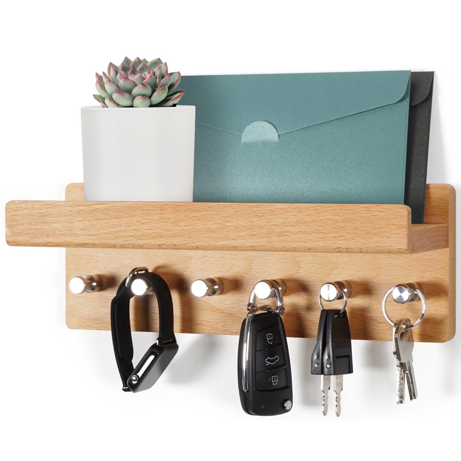 HAUSIST Schlüsselbrett Schlüsselbrett Holz mit Ablage schlüsselkasten mit  Edelstahlhaken, aus Holz mit 6 Edelstahlhaken