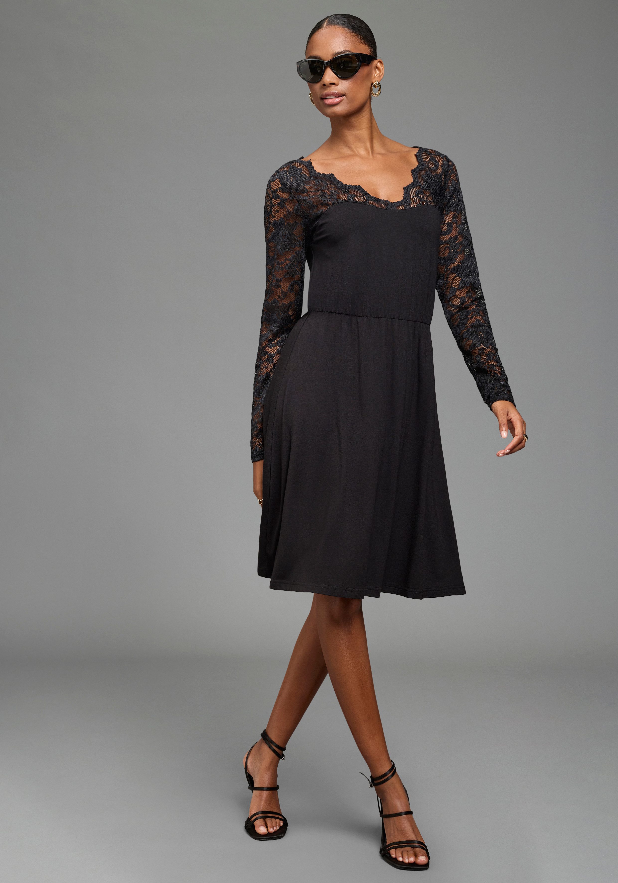Laura Scott Spitzenkleid mit elastischer Taille aus Viskose-Jersey, figurbetonte Passform mit schwingendem Rock
