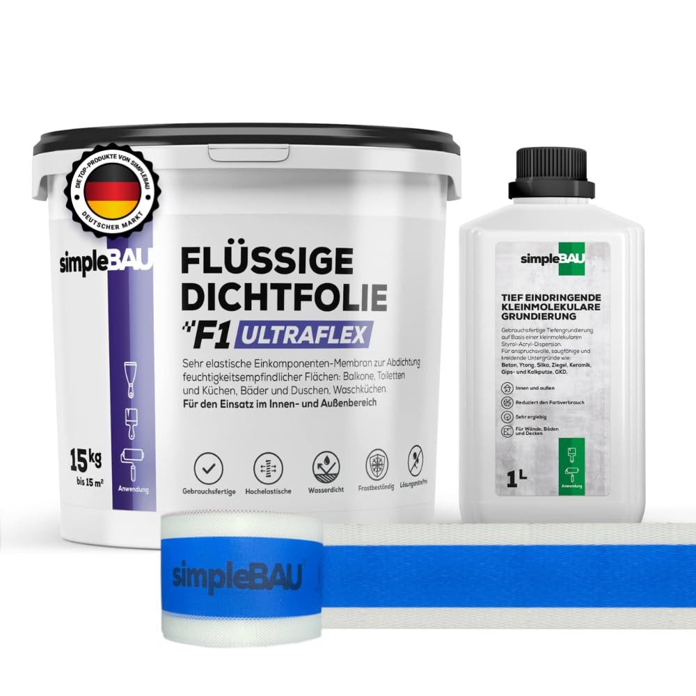simpleBAU Dichtstoff Flüssigfolie F1 Ultraflex 15 kg + Tiefengrund 1L und Dichtband 10M