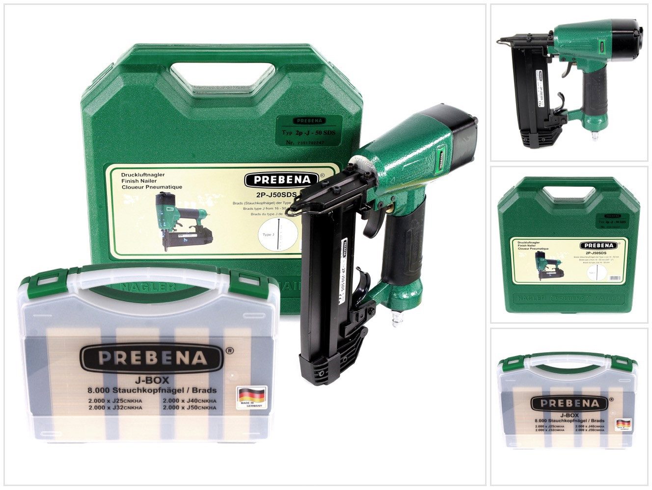 Prebena Druckluft-Nagler 2P-J50SDS Luftdruck Druckluftnagler 5-7 bar im Transportkoffer + Preb