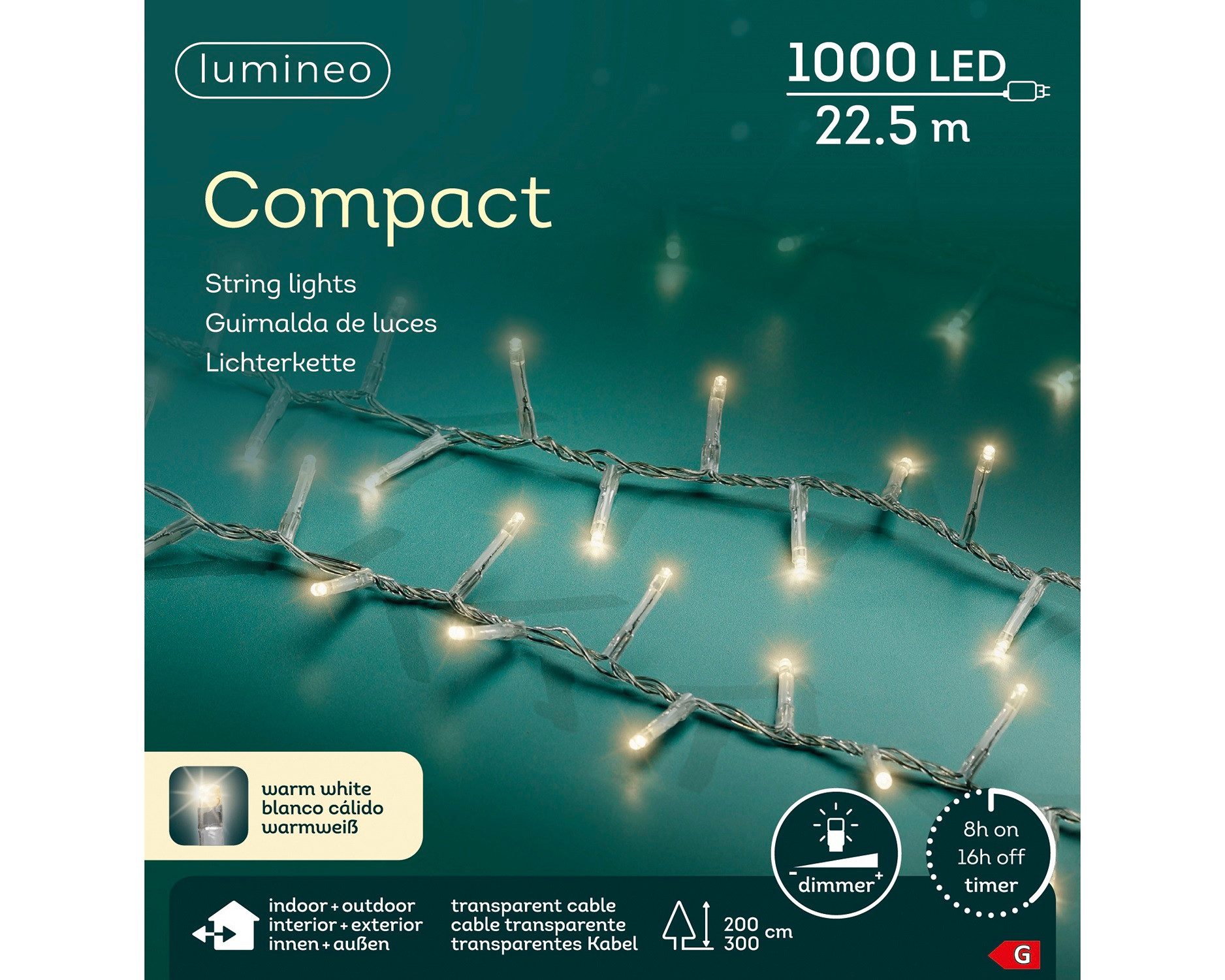 Lumineo LED-Lichterkette Lumineo Lichterkette COMPACT 1000 LED 22,5 m warm weiß, transp. Kabel, Indoor/Outdoor, dimmbar, 8h-Timer, 5 m Zuleitung