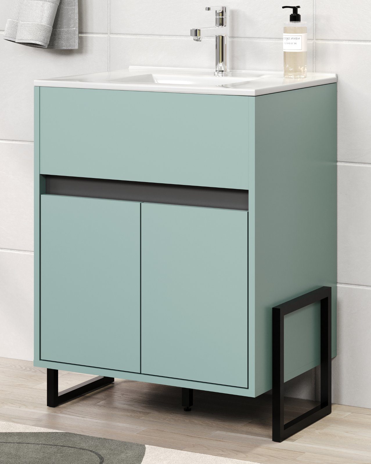 trendteam Waschtisch Matix (in Dusk Blue, Metallgestell Anthrazit, 60 x 80 cm), mit Keramik-Waschbecken