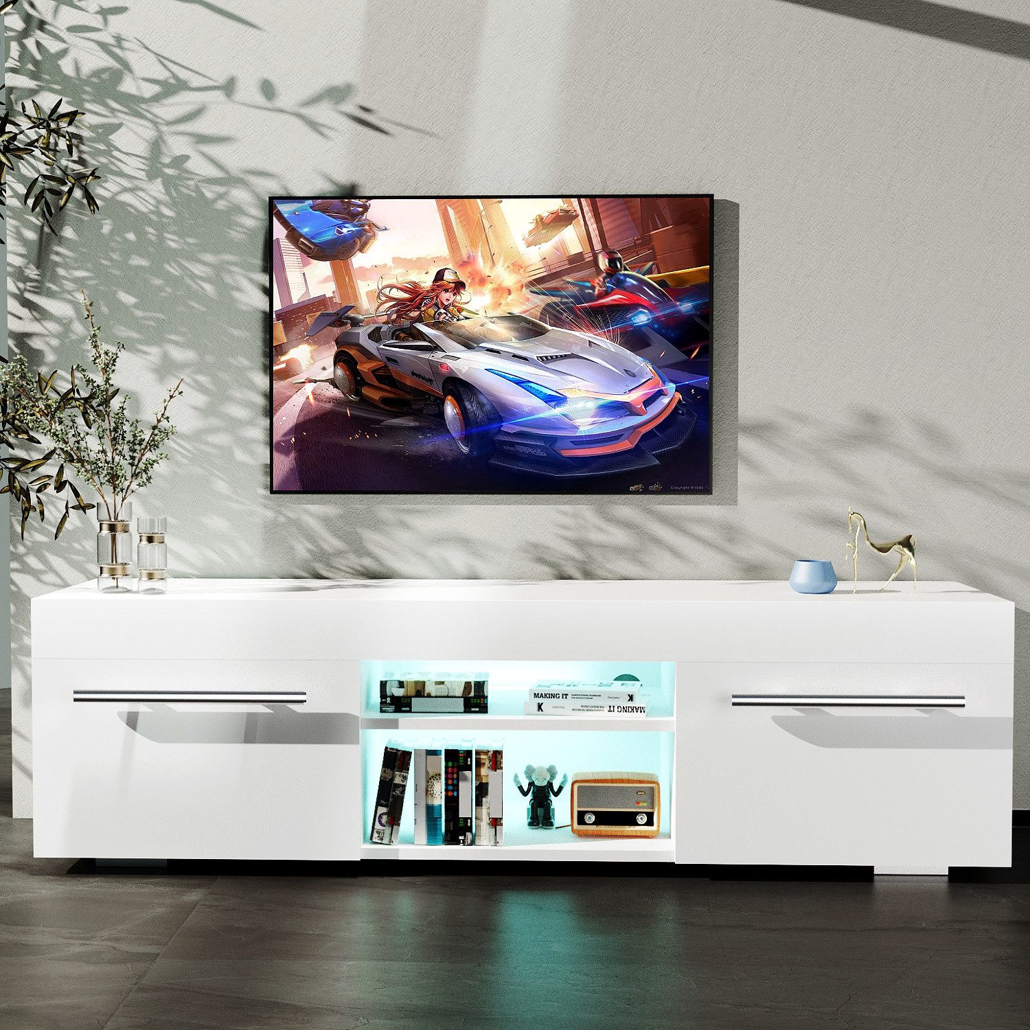 oyajia TV-Schrank Hochglanz TV-Schrank, 130cm Lowboard RGB-Beleuchtung mit 2 Schubladen (Moderne Unterhaltung TV-Board mit 2 offenes Regalfach, Viel Stauraum) T – Bild 4 von 5