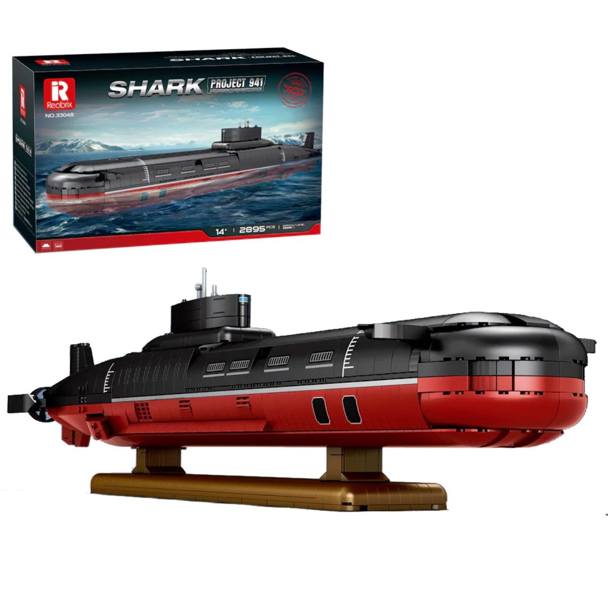 Reobrix 33048 Spielbausteine, (Konstruktionsspielzeug, 2895 St., 1 Modell aus 2895 Bausteinen), 67 cm langes U-Boot mit abnehmbarem Präsentationsständer
