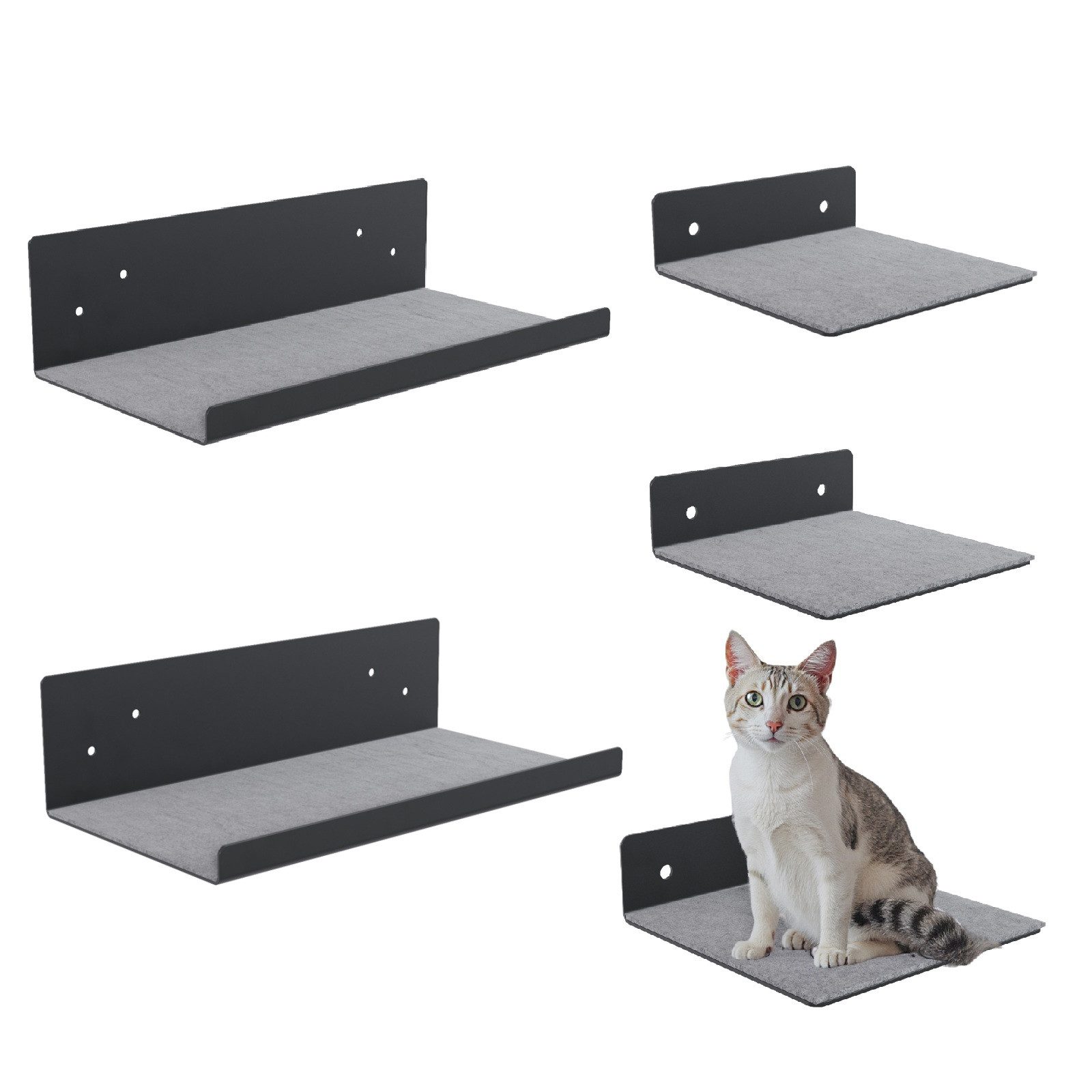 QLS Katzen-Kletterwand Set Schwarz, mit Filz 2 Liegen 3 Stufen zur Wandmontage